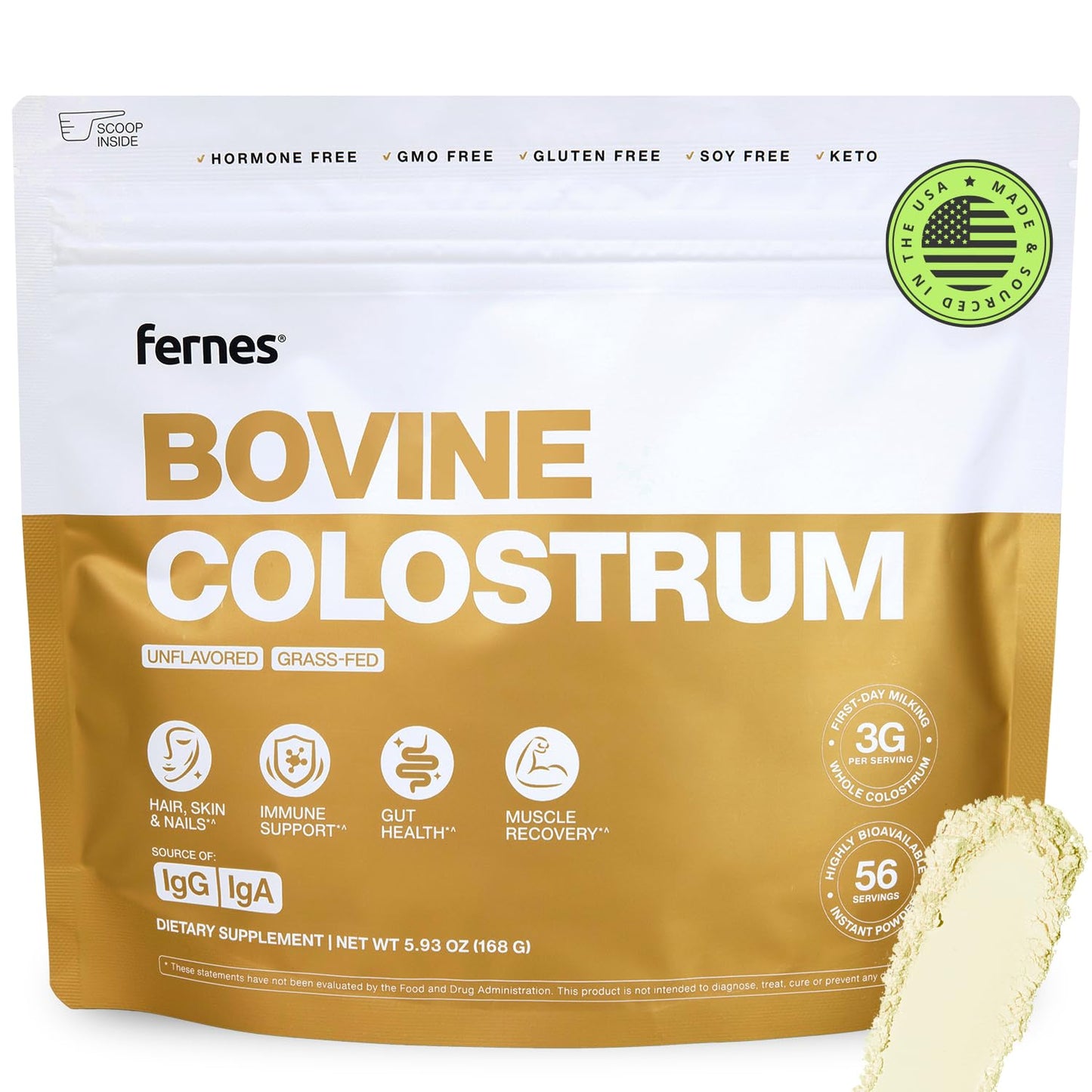 Fernes Grass Fed Whole Bovine Colostrum Powder for Women & Men, 5.93 oz, 56 Servings, Unflavored, Made in USA