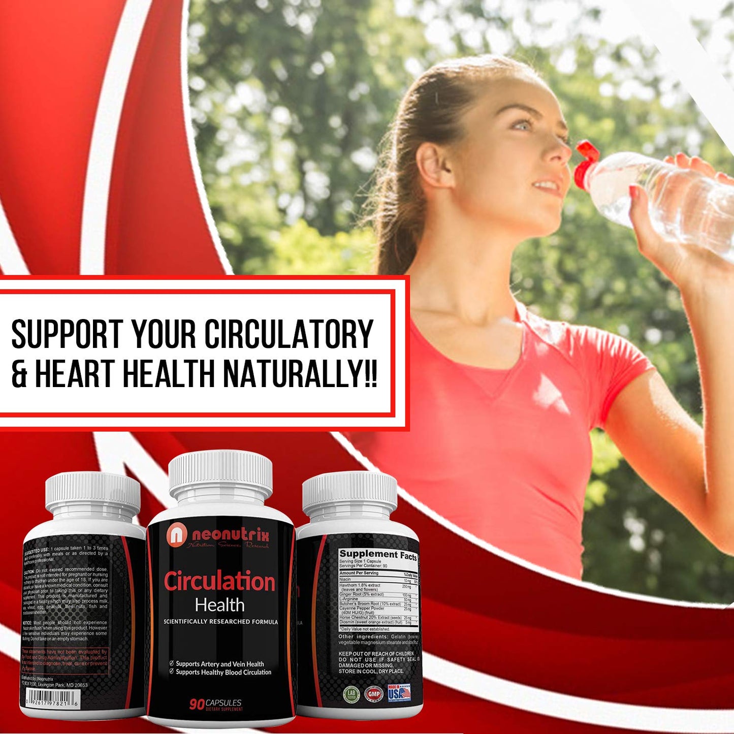 Neonutrix Nutrition, Science, Research Blood Circulation Health Supplement for Vein Health & Artery Health with L-Arginine, Ginger Root, Hawthorn & Diosmin Capsules 90 Count