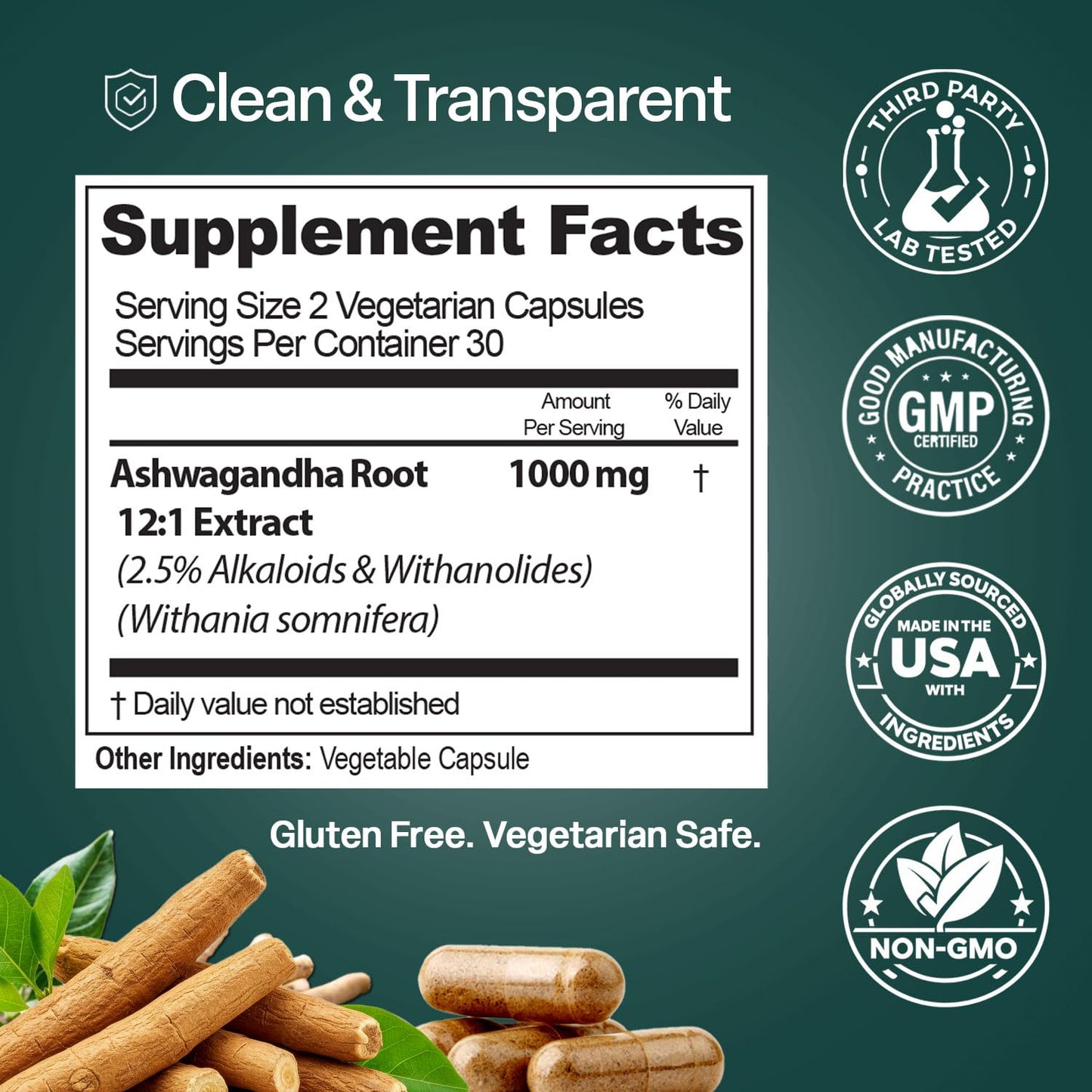 Natures Elements Ashwagandha Root 12:1 Extract 1000mg Vegetarian Capsules, 60 Count