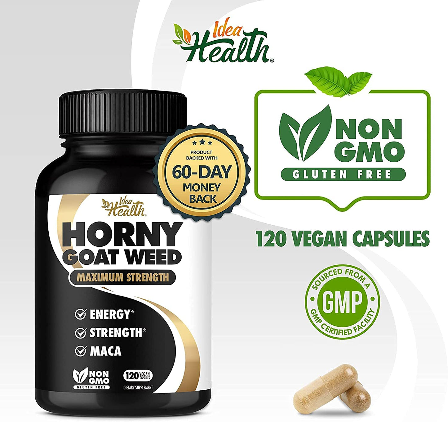 Idea Health Horny Goat Weed 1275 mg MAX Strength with Maca Energy & Performance Complex for Men and Women Capsules 120 Count