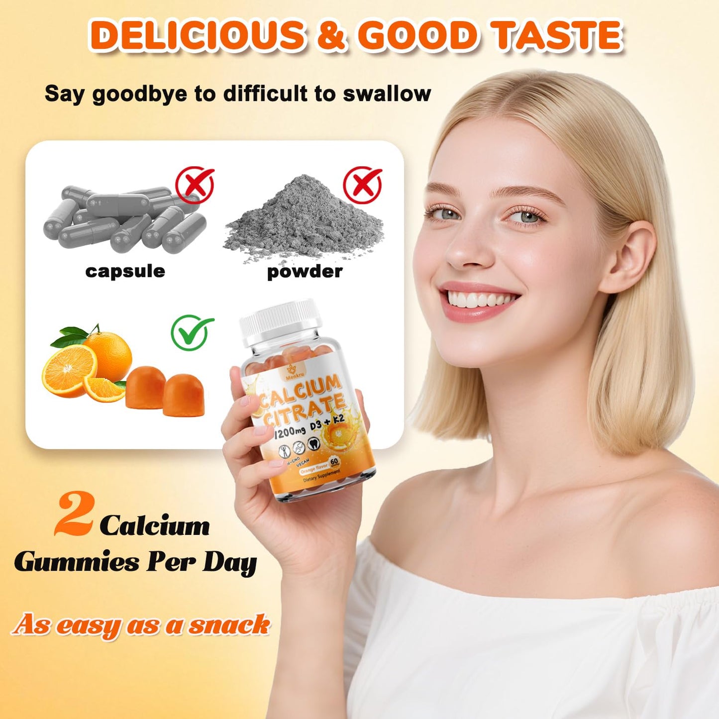 Menkru Calcium Citrate Gummies with Vitamin D3 and K2, Natural Orange Flavor, 120 Gummies