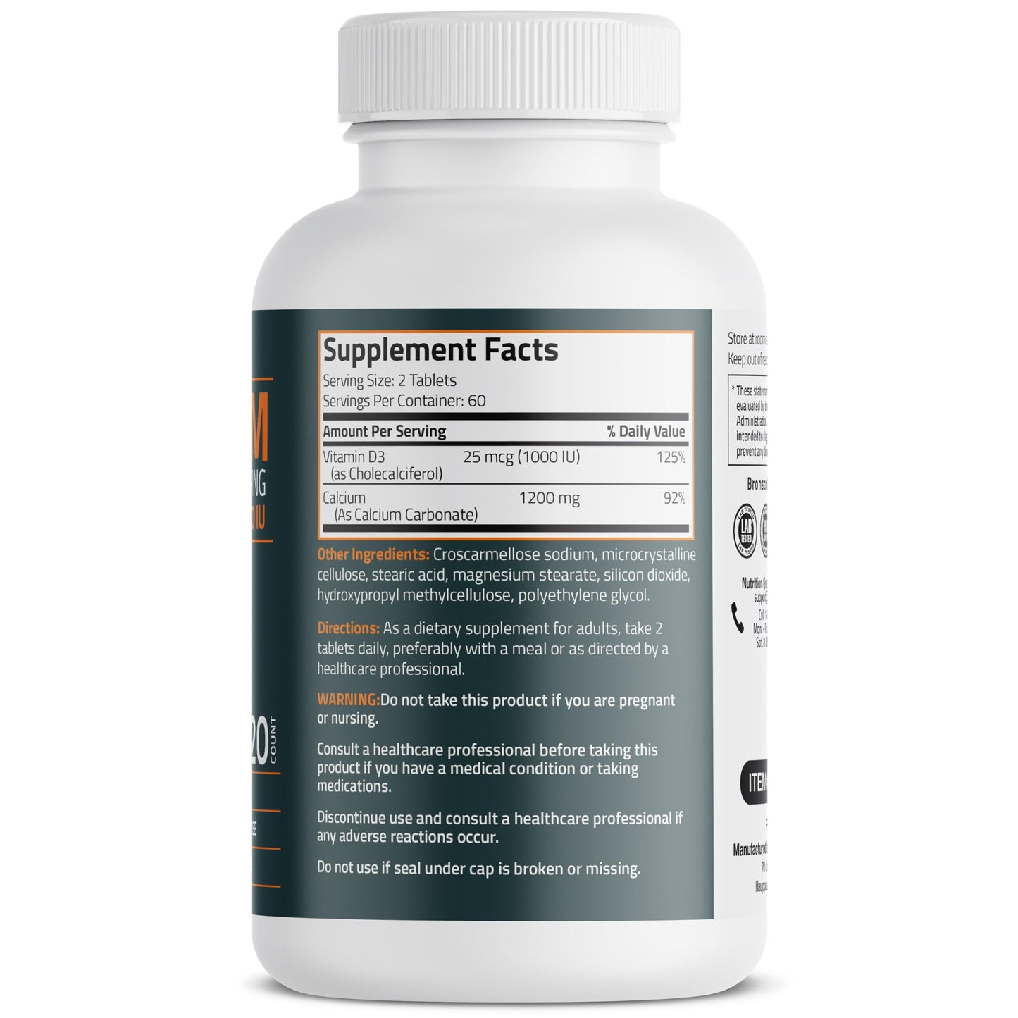 Bronson Calcium 1200mg Plus Vitamin D3 1000 IU High Potency Formula, Non-GMO, 120 Tablets