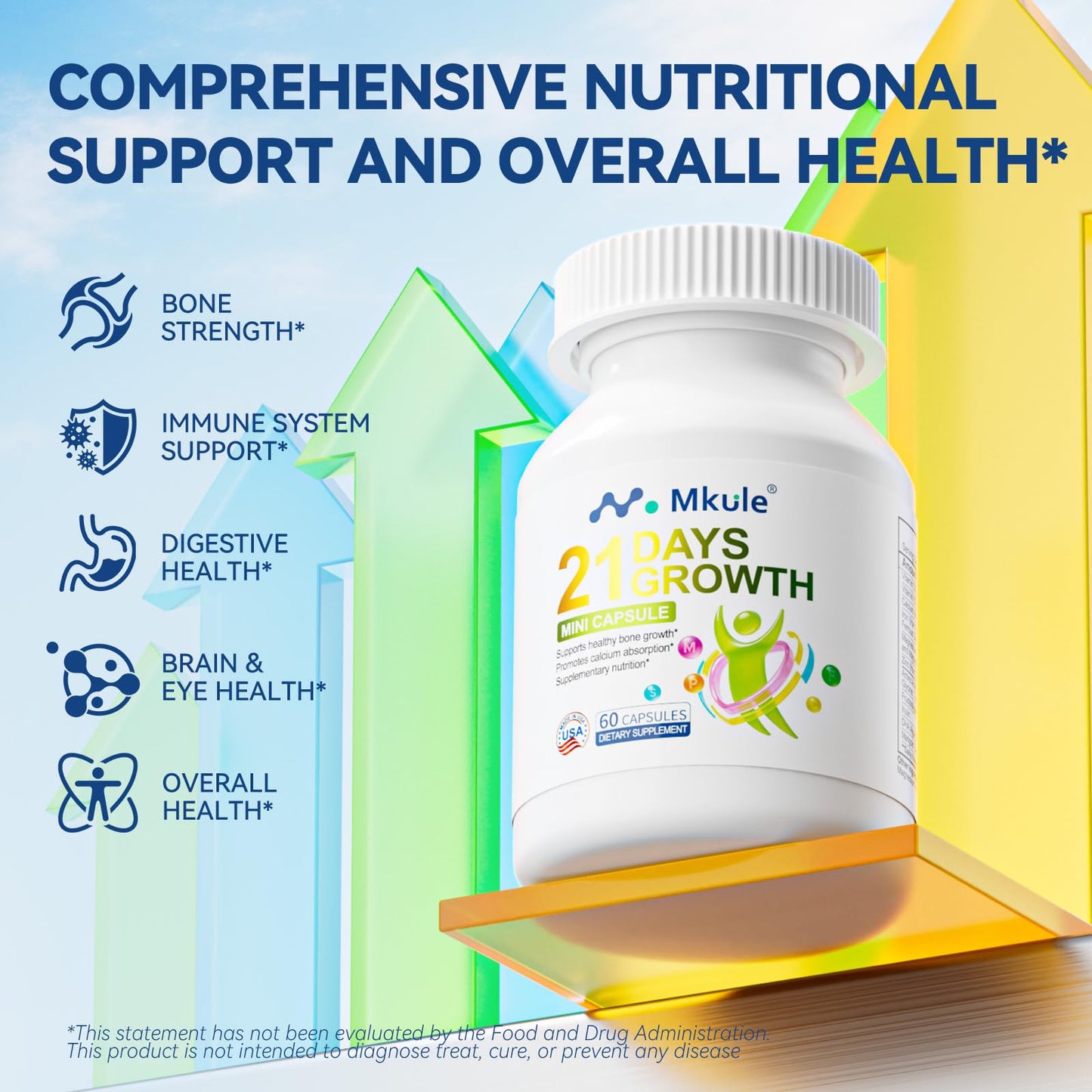 Mkule 21 Days Growth Mini Capsules Height Growth Supplement for Kids & Teens (Ages 6-13), 180 Capsules