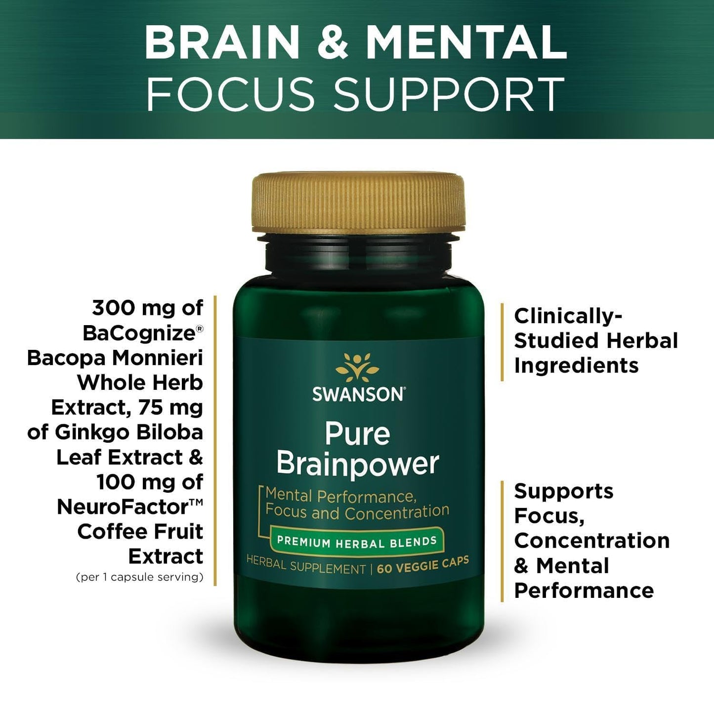 Swanson Pure Brainpower Brain Health Cognitive Memory Focus Support Brain-Derived Neurotrophic Factor (BDNF) Herbal Supplement (Ginkgo Biloba, Bacopa Monnieri) 60 Veggie Capsules