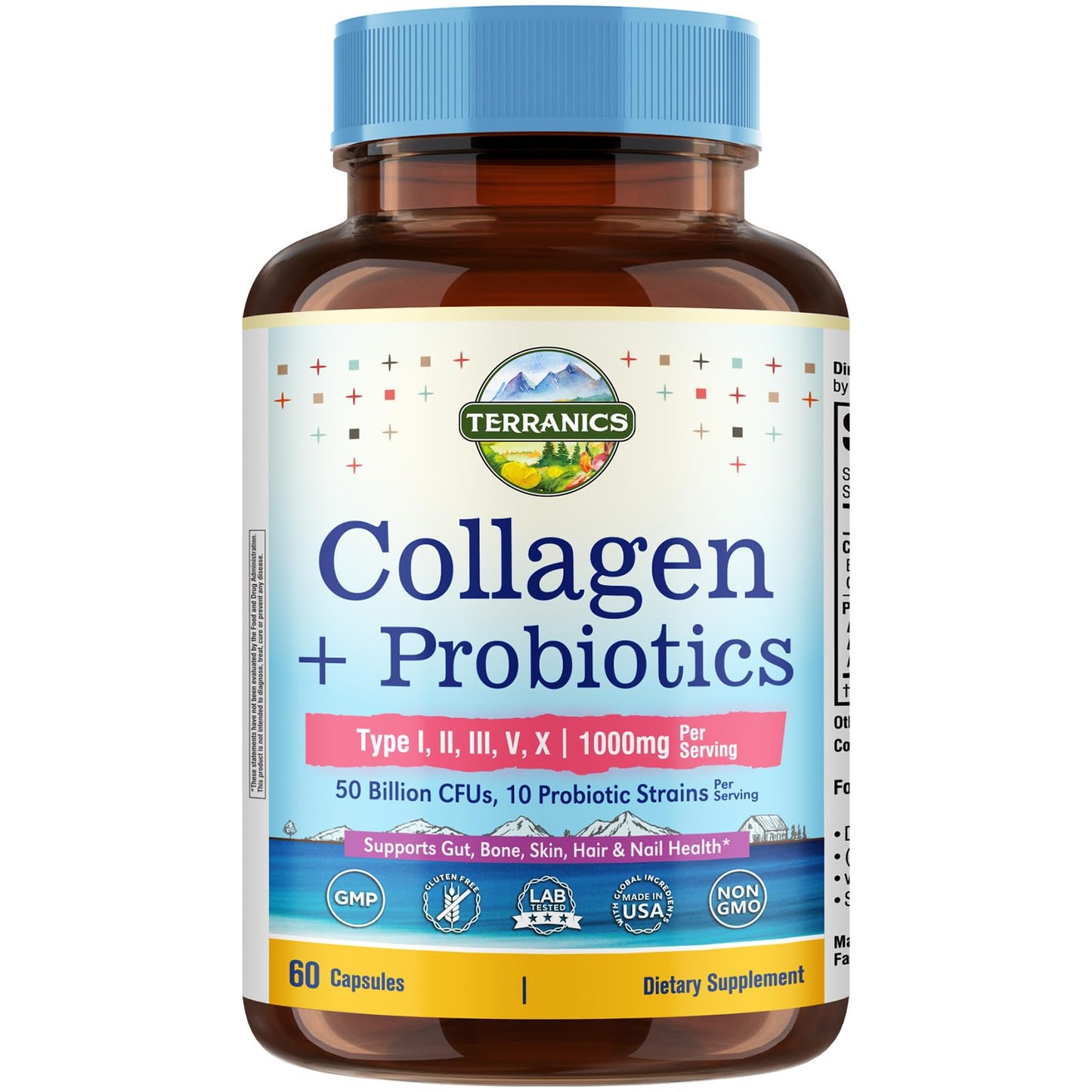 Terranics Multi Collagen Peptides Type I, II, III, V, X, 1000 mg Per Serving with Probiotics 50 Billion CFUs, 10 Strains, Supports Skin, Bone & Gut Health, Non-GMO, 60 Capsules