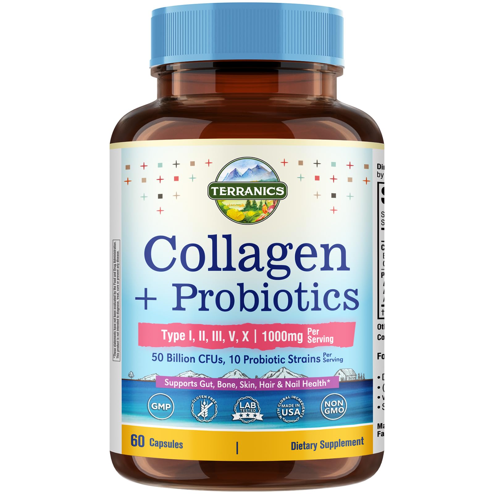 Terranics Multi Collagen Peptides Type I, II, III, V, X, 1000 mg Per Serving with Probiotics 50 Billion CFUs, 10 Strains, Supports Skin, Bone & Gut Health, Non-GMO, 60 Capsules
