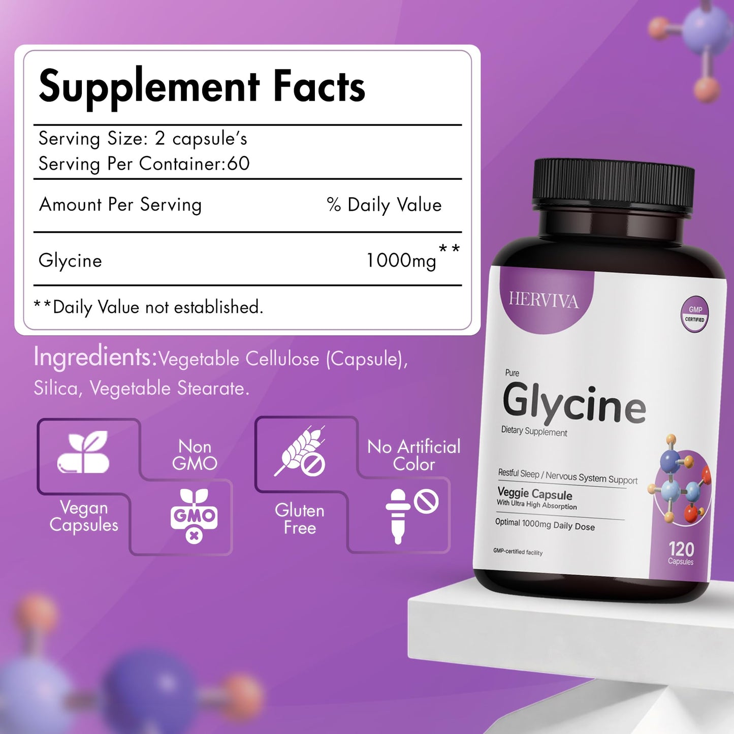 HERVIVA Glycine Supplement Capsule 120 Count