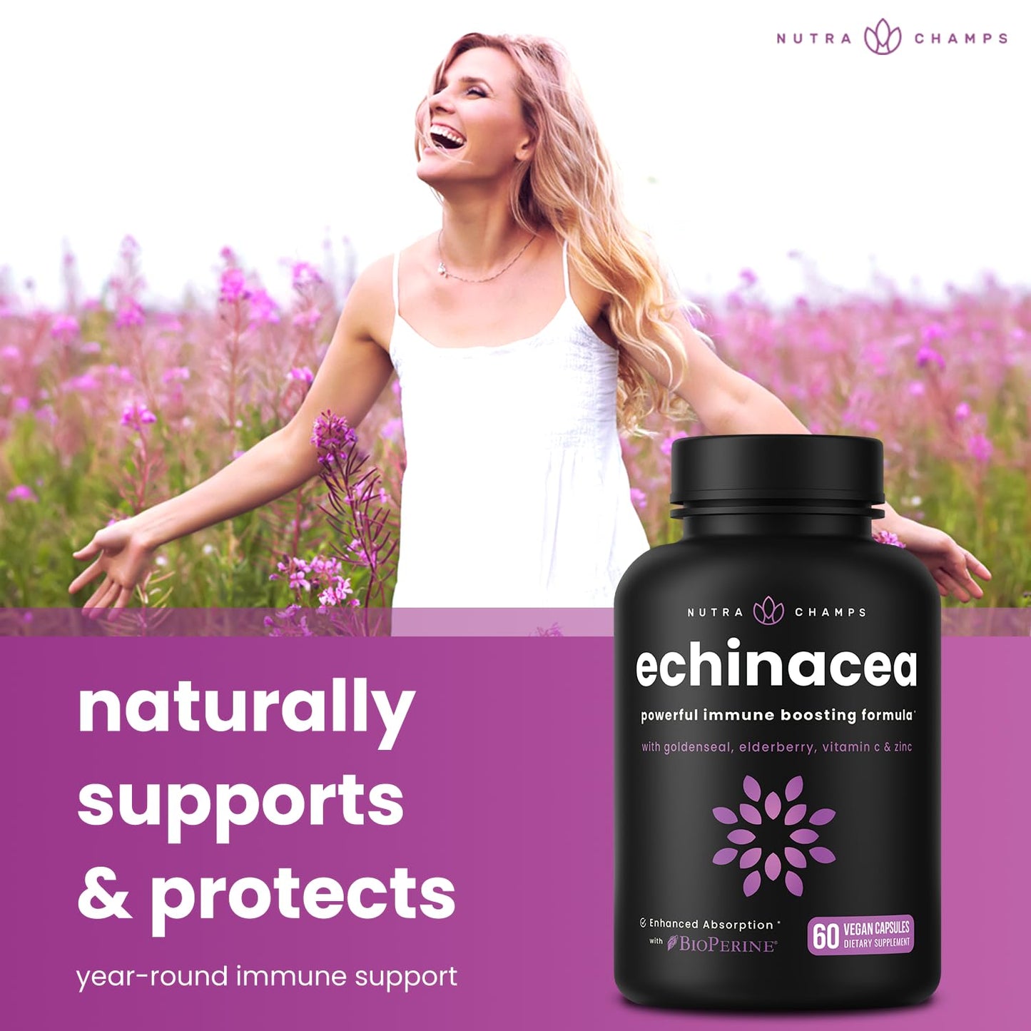 NutraChamps Echinacea 1000mg Capsules, 60 Count