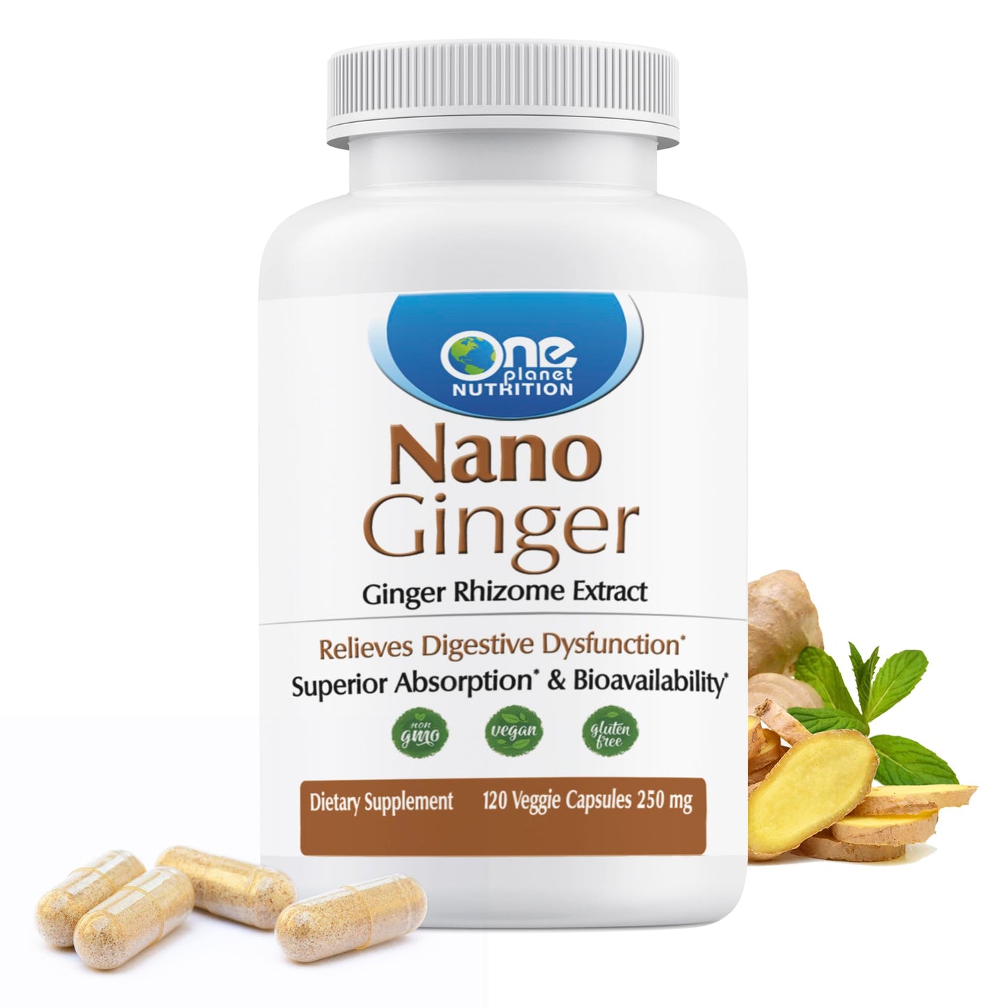 One Planet Nutrition Nano Ginger Root 250 mg Veggie Capsules, 8.8185
