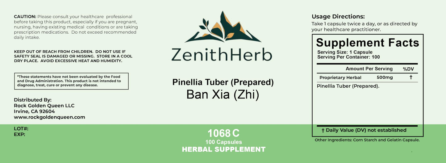 ZenithHerb Ban Xia (Zhi), Pinellia Tuber (Prepared) Capsules, 100 Capsules