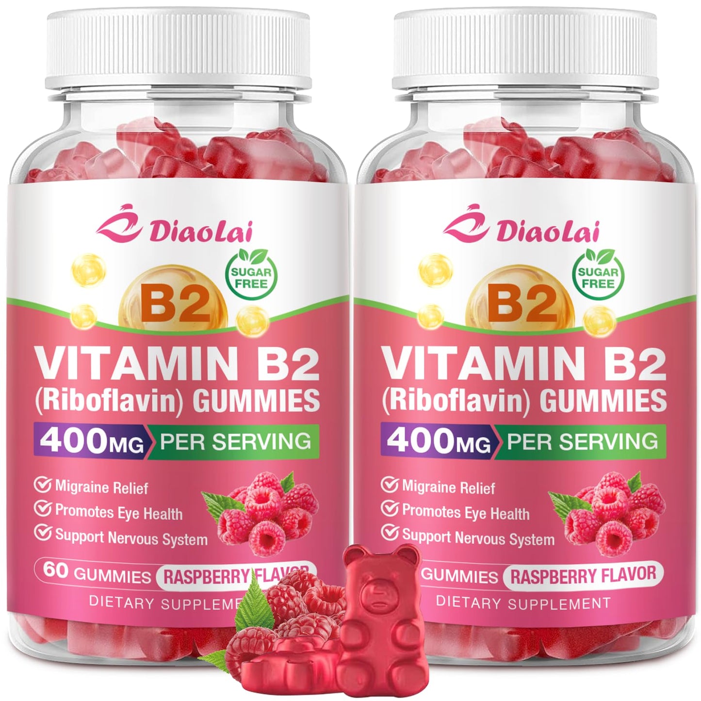 DIAOLAI Vitamin B2 Gummies Riboflavin 400mg with Magnesium, Vegan Raspberry Flavor, 120 Count