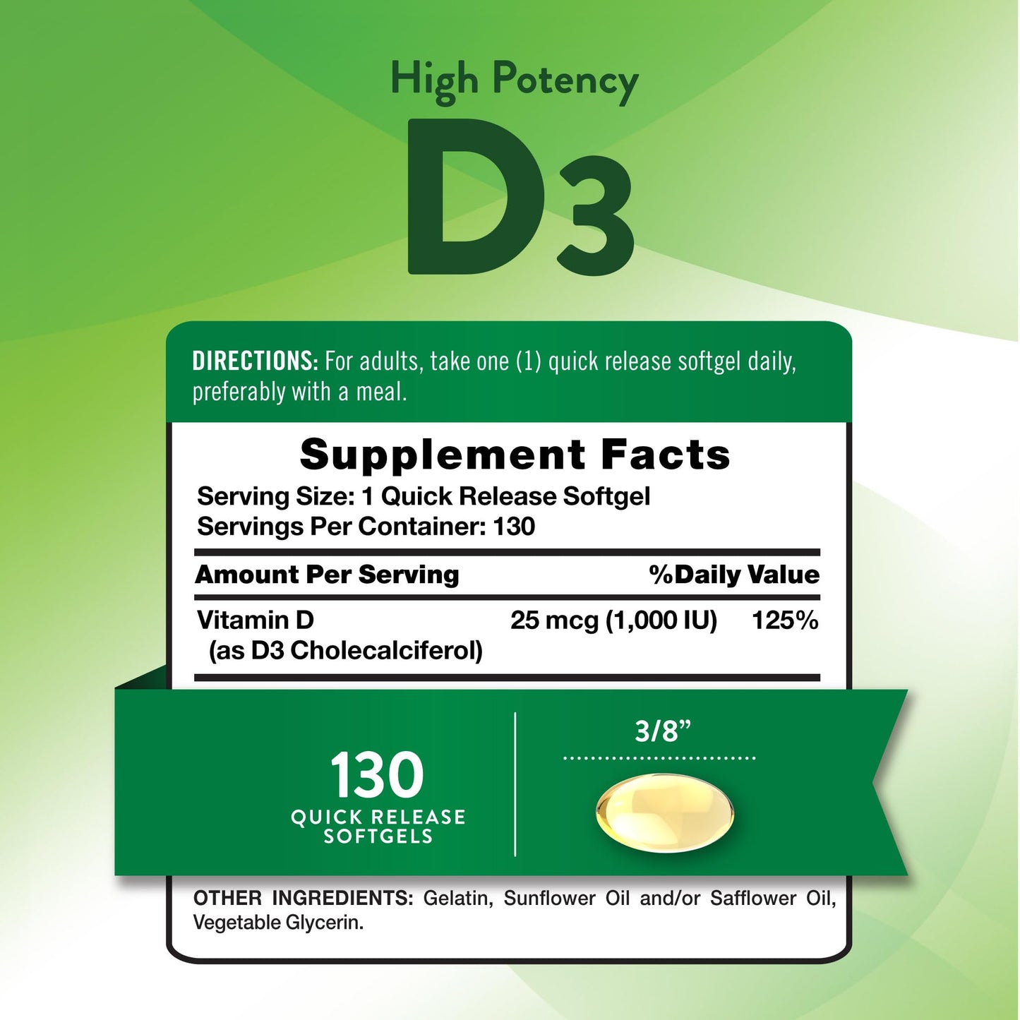 Nature's Truth Vitamin D3 1000 IU Softgels, 130 Count