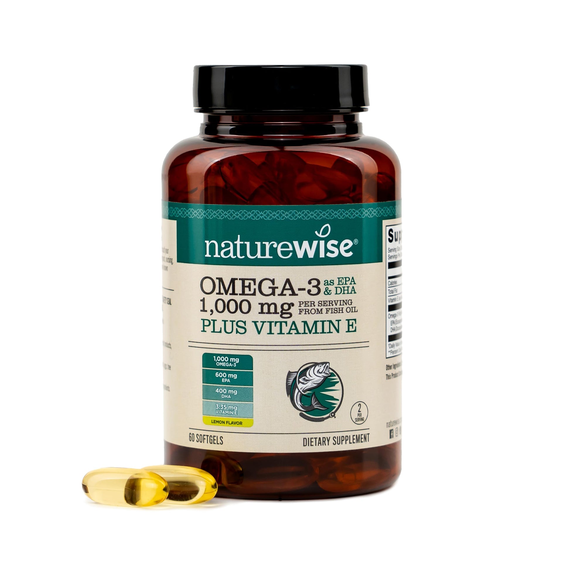 NatureWise Extra-Strength Omega-3 Fish Oil Supplement - 1000mg per Serving - 600 EPA & 400 DHA and Vitamin E - Sustainably Sourced Fish Oil - Lemon Flavor, 60 Softgels
