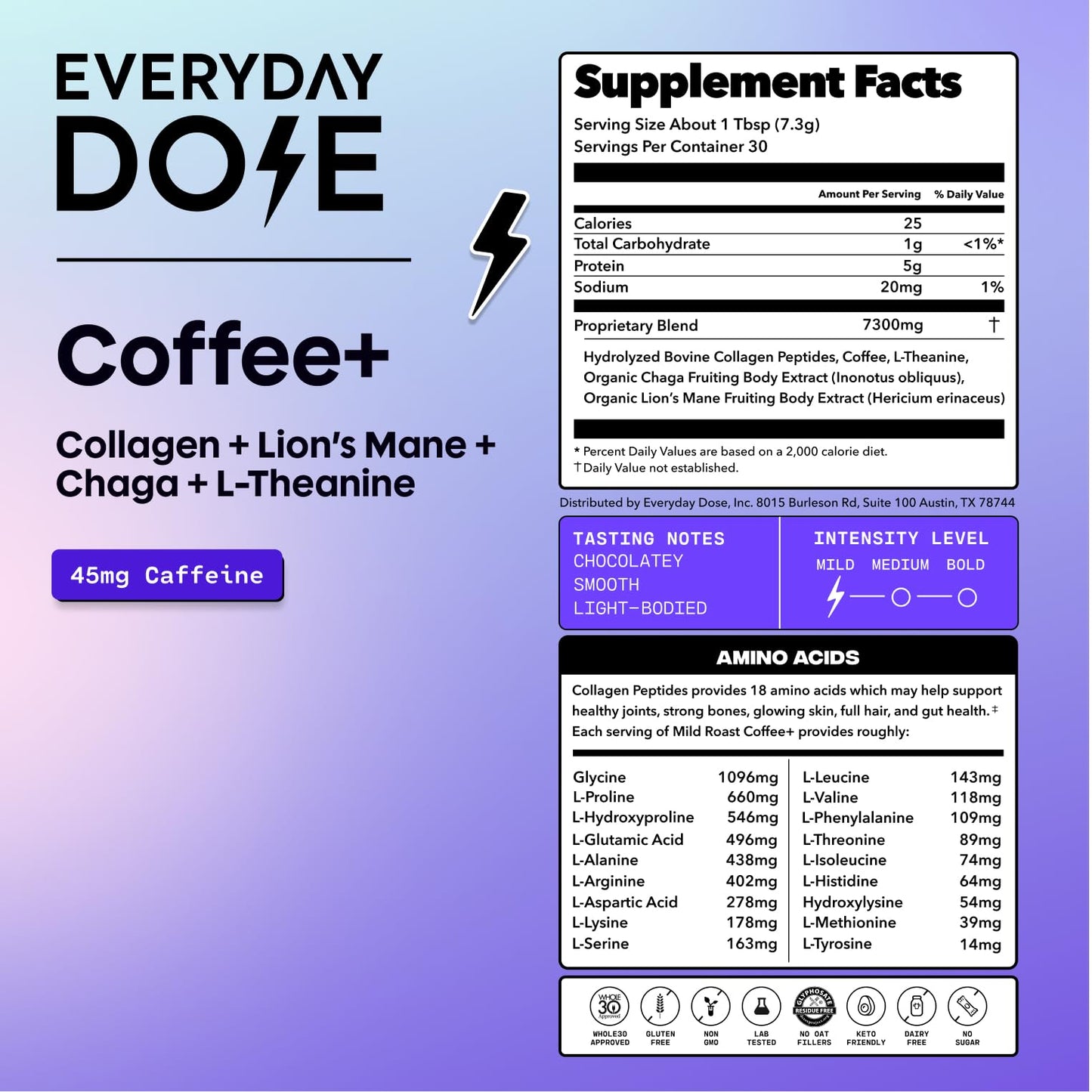 Everyday Dose Adaptogenic Mushroom Coffee with Grass-Fed Collagen, Chaga, Lion's Mane & L-Theanine Powder 7.7 Ounce