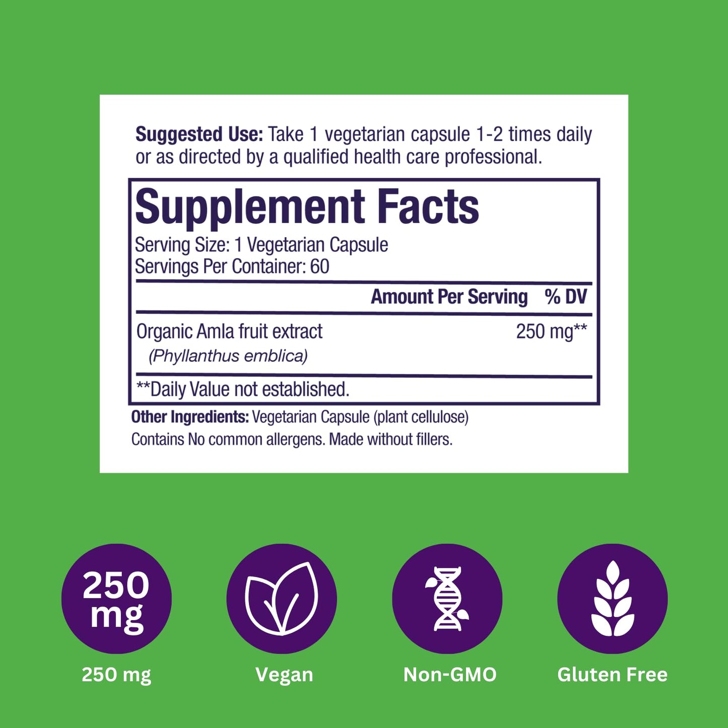 Paradise Herbs Amla 250 mg Organic Whole Spectrum Vitamin C Capsule 60