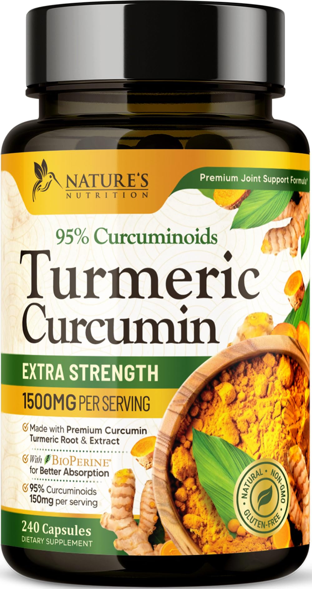 Nature's Nutrition Turmeric Curcumin Supplement 1500mg with BioPerine Black Pepper for Absorption, Organic Turmeric & 95% Curcuminoids, Joint & Immune Support, Non-GMO, 240 Capsules