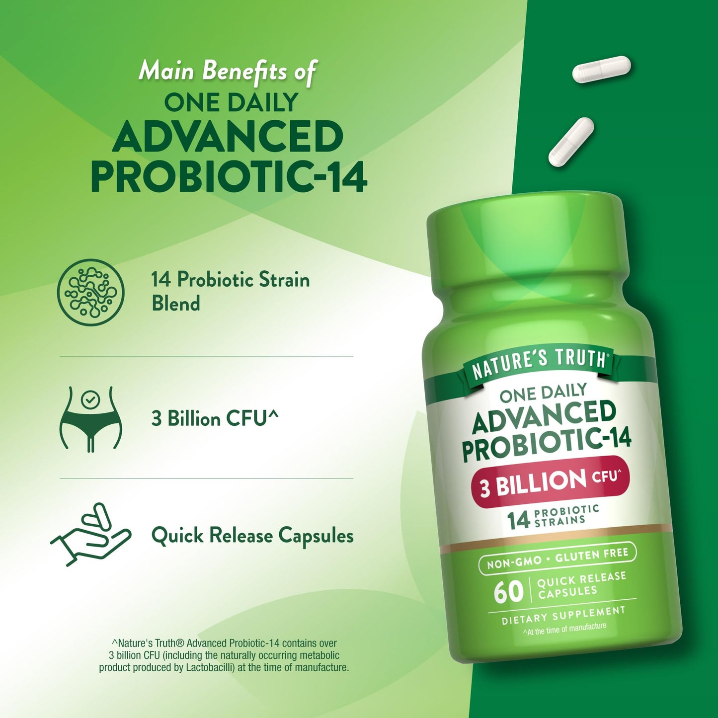 Nature's Truth Probiotics Capsule 3 Billion CFU, 60 Count, for Men and Women, 14 Strains, Non-GMO & Gluten Free