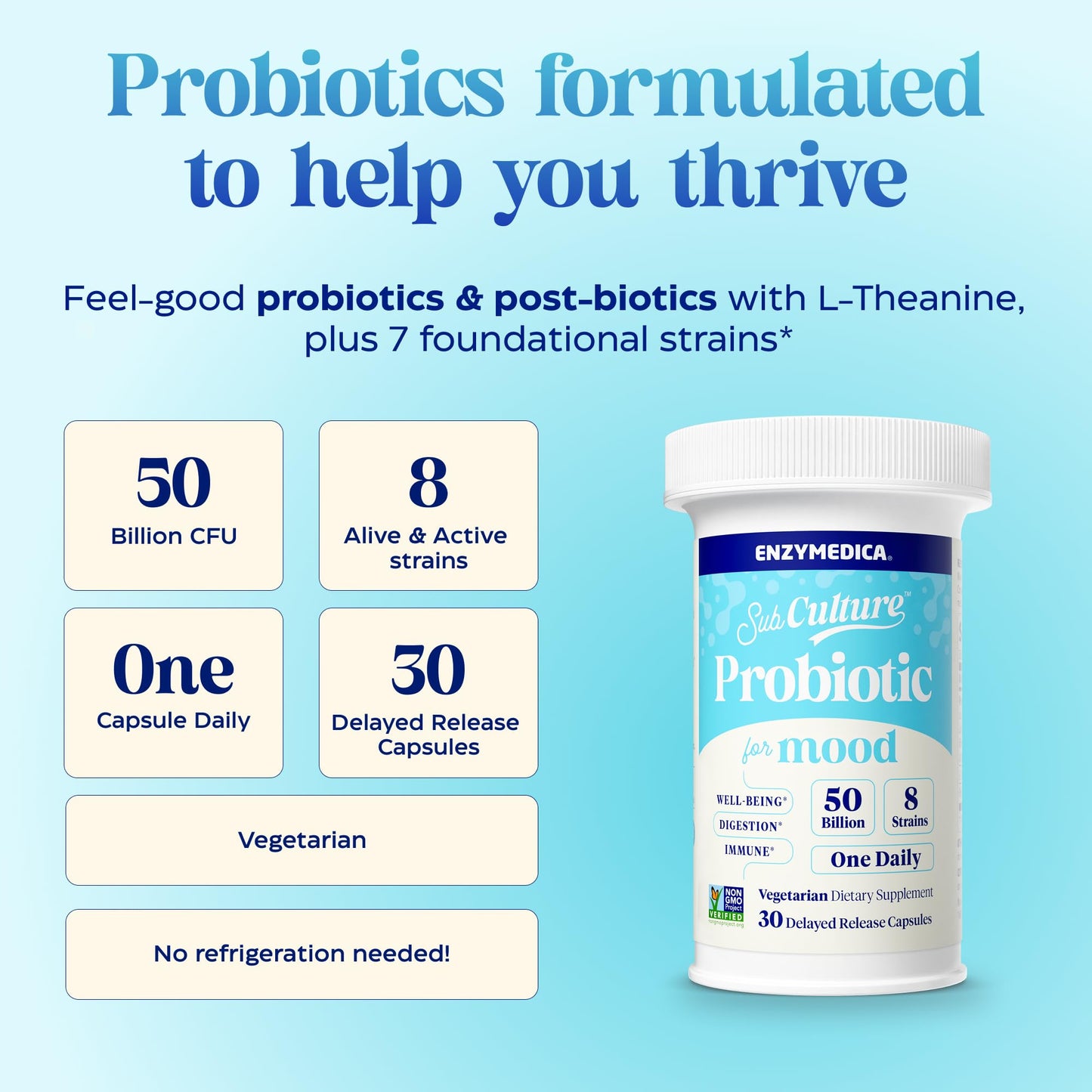 Enzymedica SubCulture Probiotic + L-Theanine for Women & Men, Psychobiotic Supplement, 50 Billion CFU, Digestive & Immune Health Support, Vegetarian Capsules, 30 Count