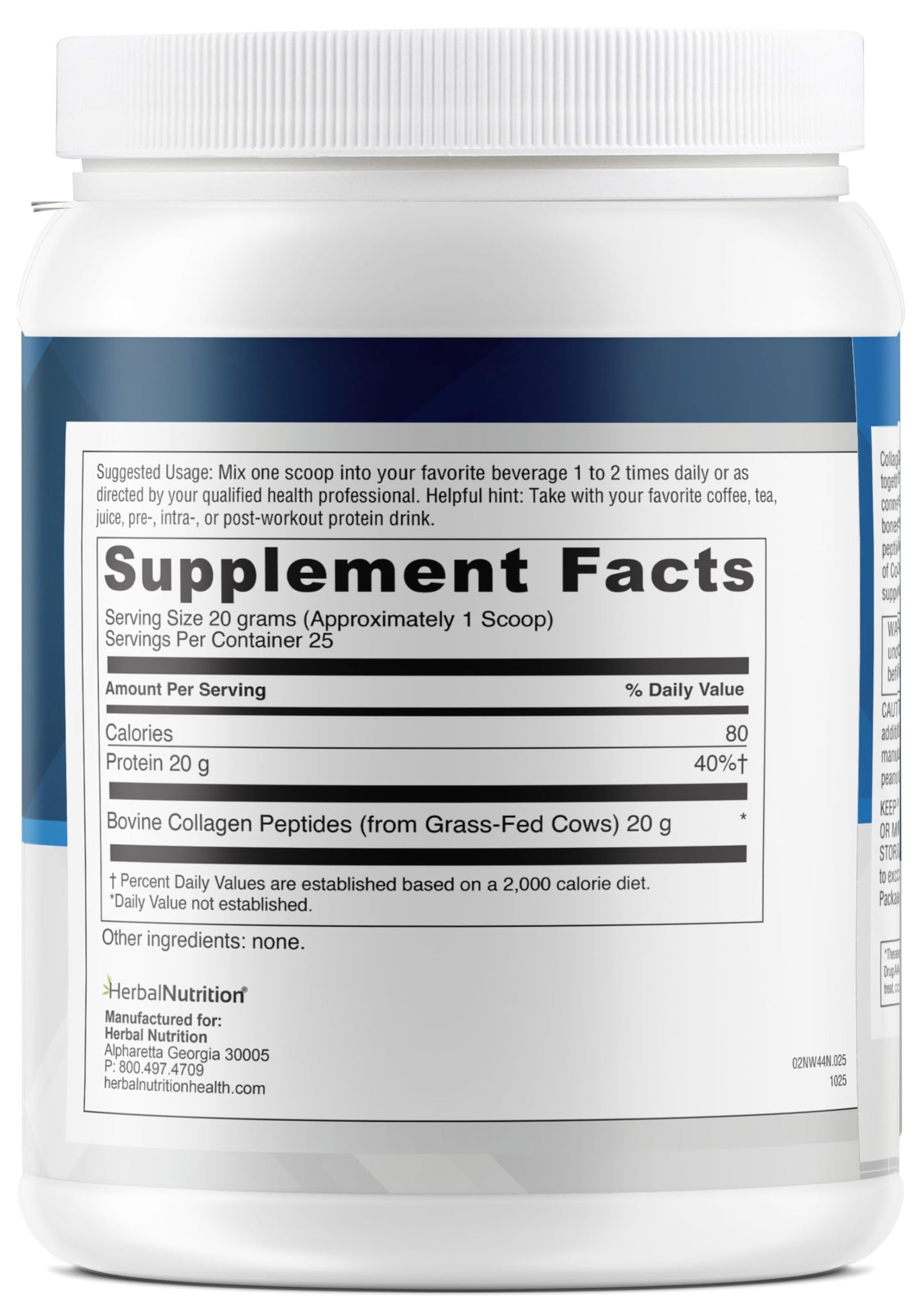 Herbal Nutrition Ultra Pure Collagen Peptides Powder Hydrolyzed Grass Fed 32 oz