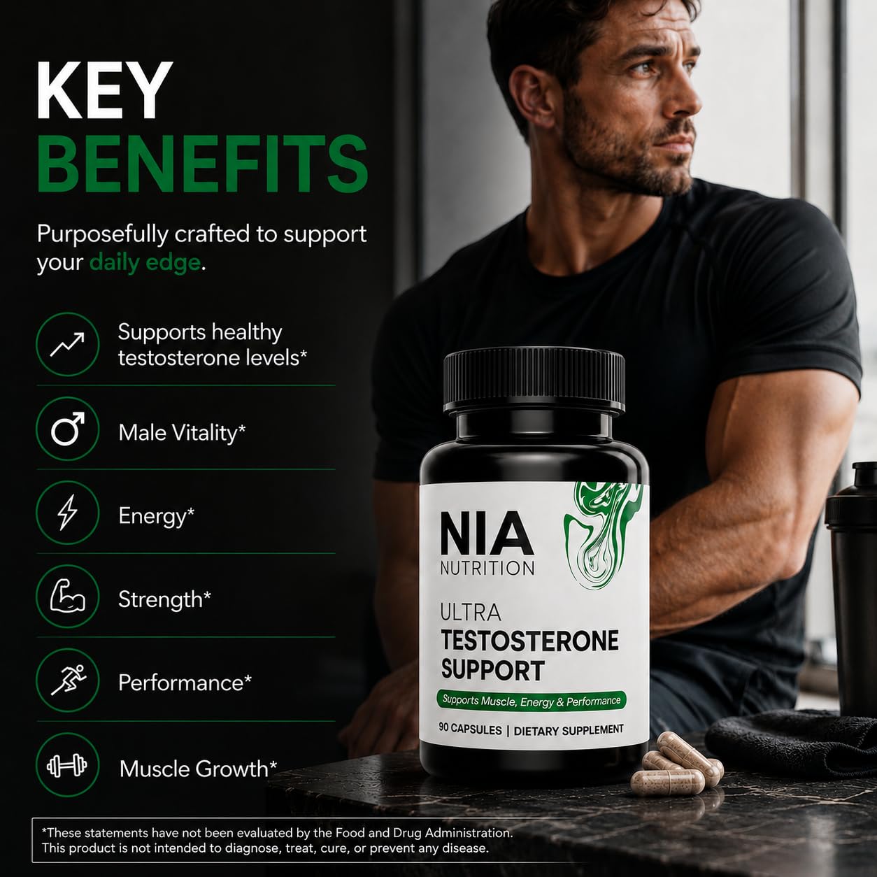 NIA NUTRITION Natural Testosterone Booster for Men Capsule, 90 Count
