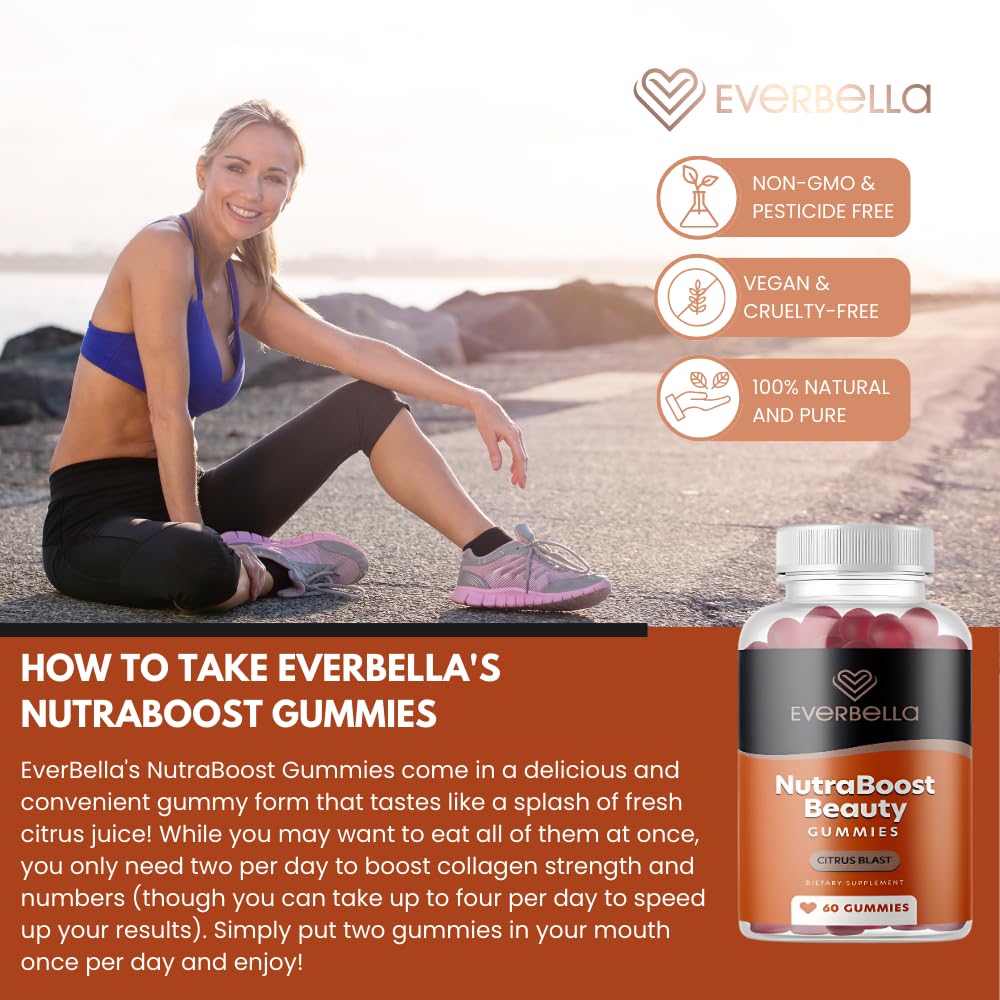 EVERBELLA Nutraboost Beauty Gummies, Biotin (Vitamin B7), Vegan Collagen Booster, Skin Hair & Nails, Vitamins A, E, C, Citrus Flavor, 60 Gummies