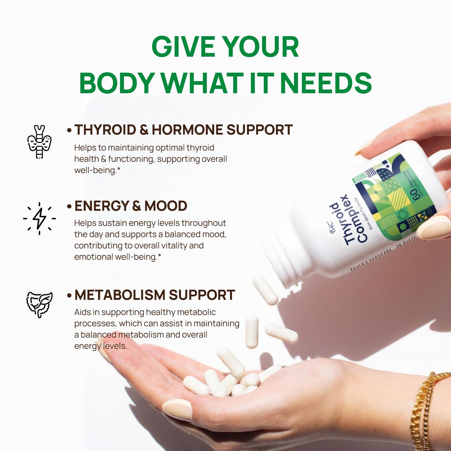 VHC Thyroid Support Supplement for Women & Men, Complex with Iodine, Selenium, B12, Zinc, Ashwagandha, Non-GMO, Capsule, 60 Count