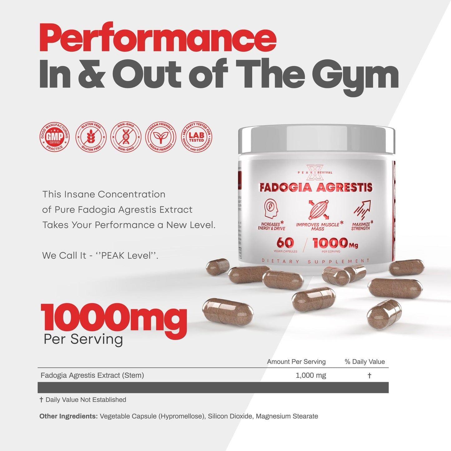 Peak Revival-X Testosterone Booster with Fadogia Agrestis 1000mg per Serving, Capsules, 60 Count