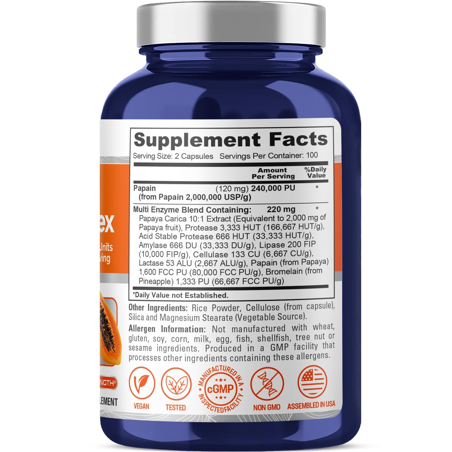 NusaPure Papaya Papain Enzyme Complex 240,000 PU Capsules, 200 Count
