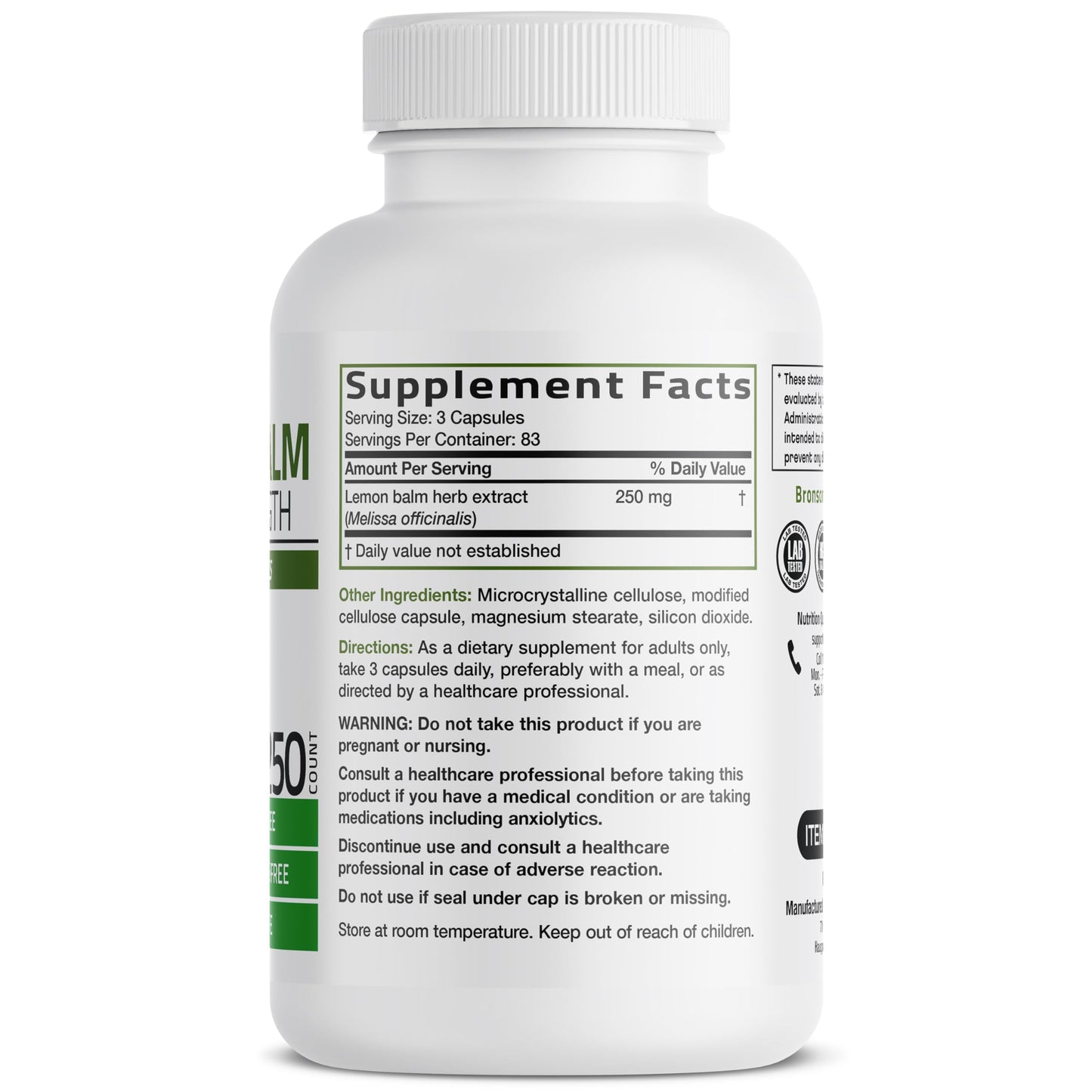 Bronson Melissa Lemon Balm Extra Strength Capsules 250