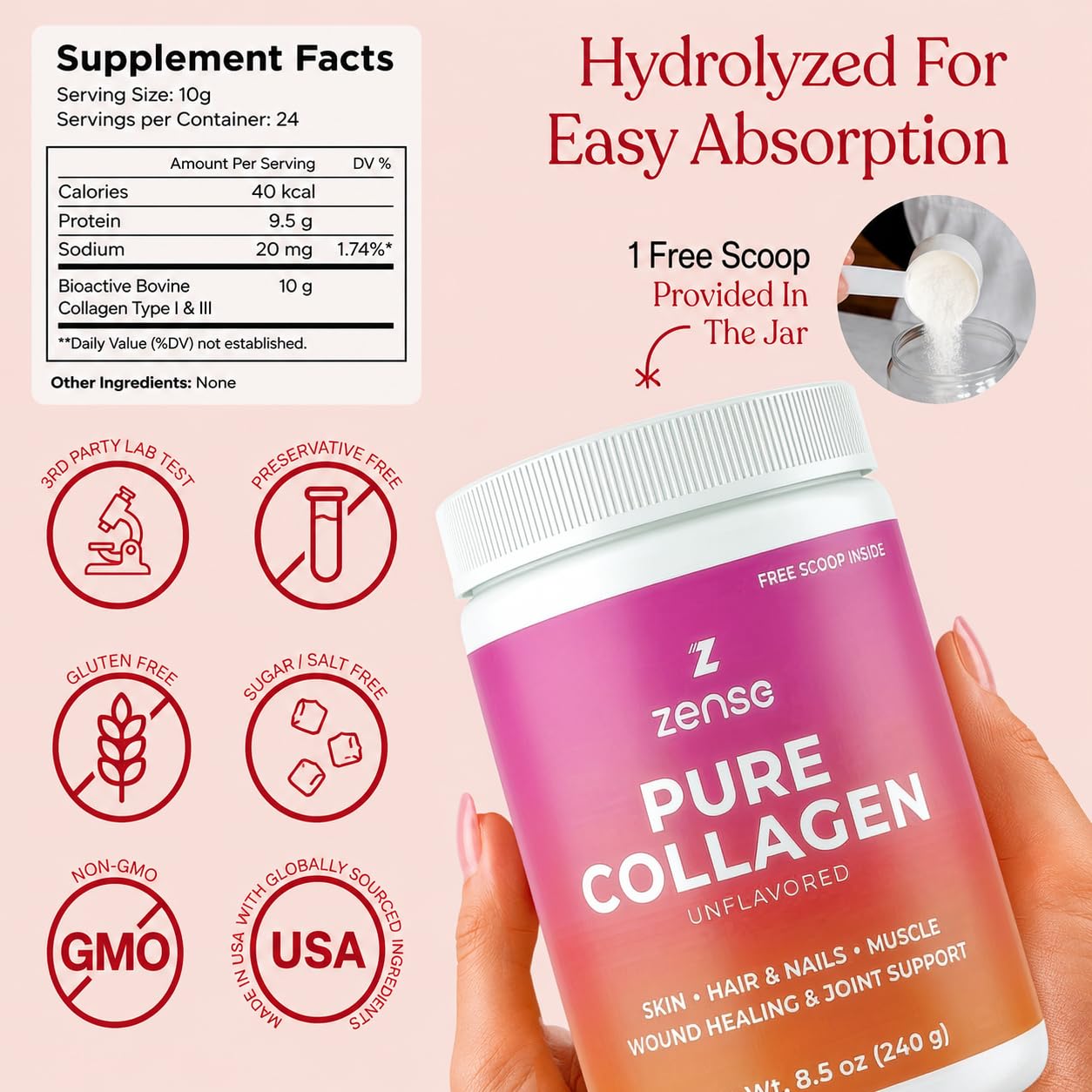 ZENSE Hydrolyzed Collagen Powder Type I & III Bovine Collagen Peptides, 8.5 oz