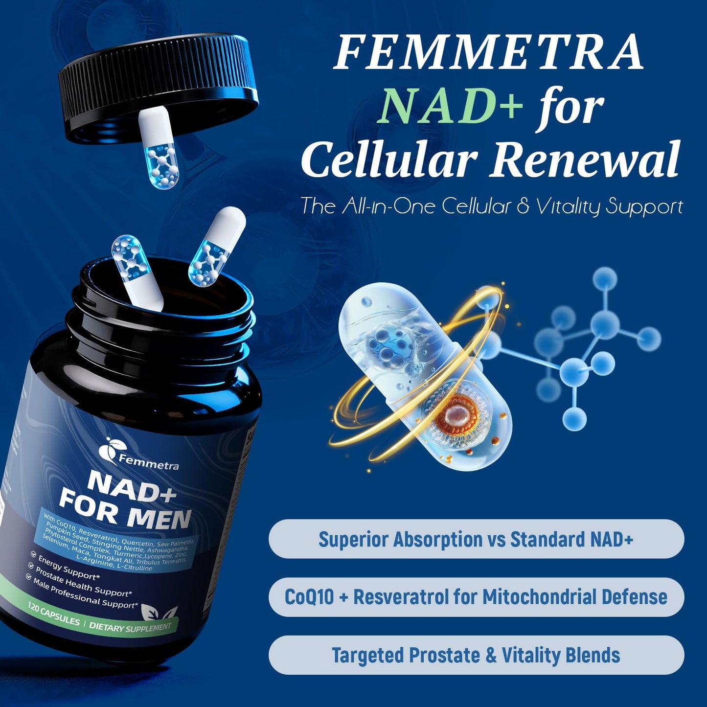 Femmetra NAD+ Supplements for Men with Saw Palmetto Capsules 120 Count