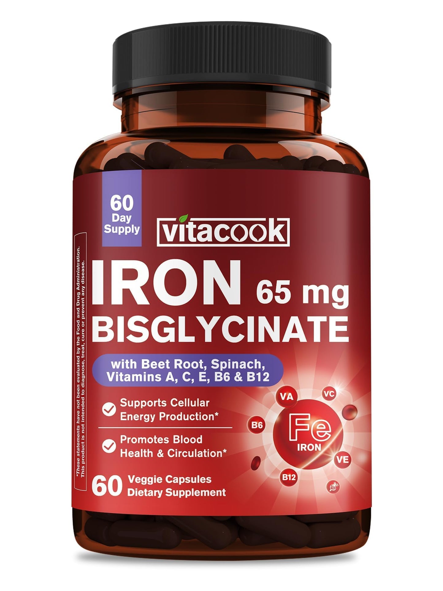 Vitacook Iron Supplement for Women & Men, 65mg Ferrous Bisglycine Chelate Capsules, 60 Count