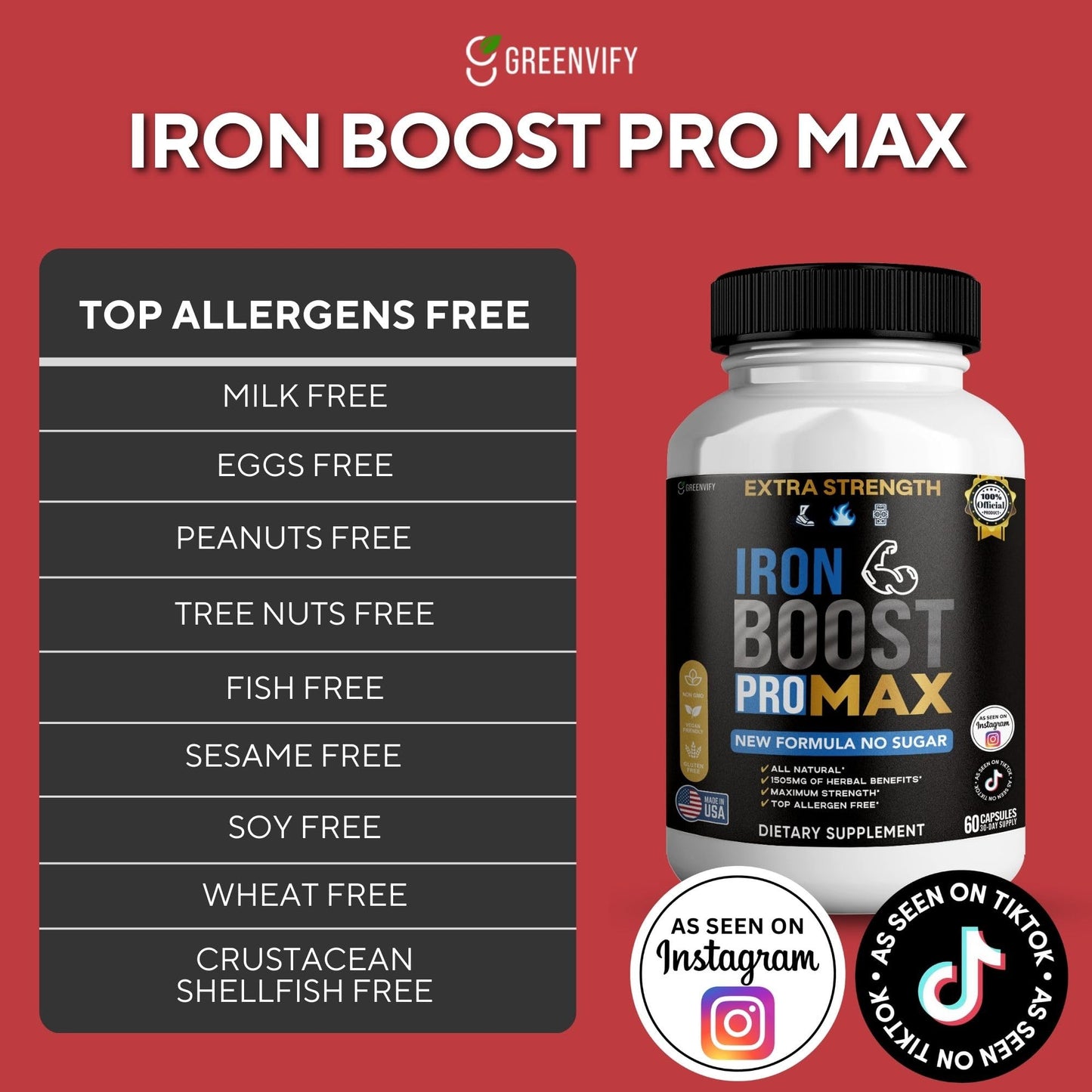 GREENVIFY Iron Boost Pro Max Extra Strength Dietary Supplement Organic Maca Root Blend, 60 Capsules