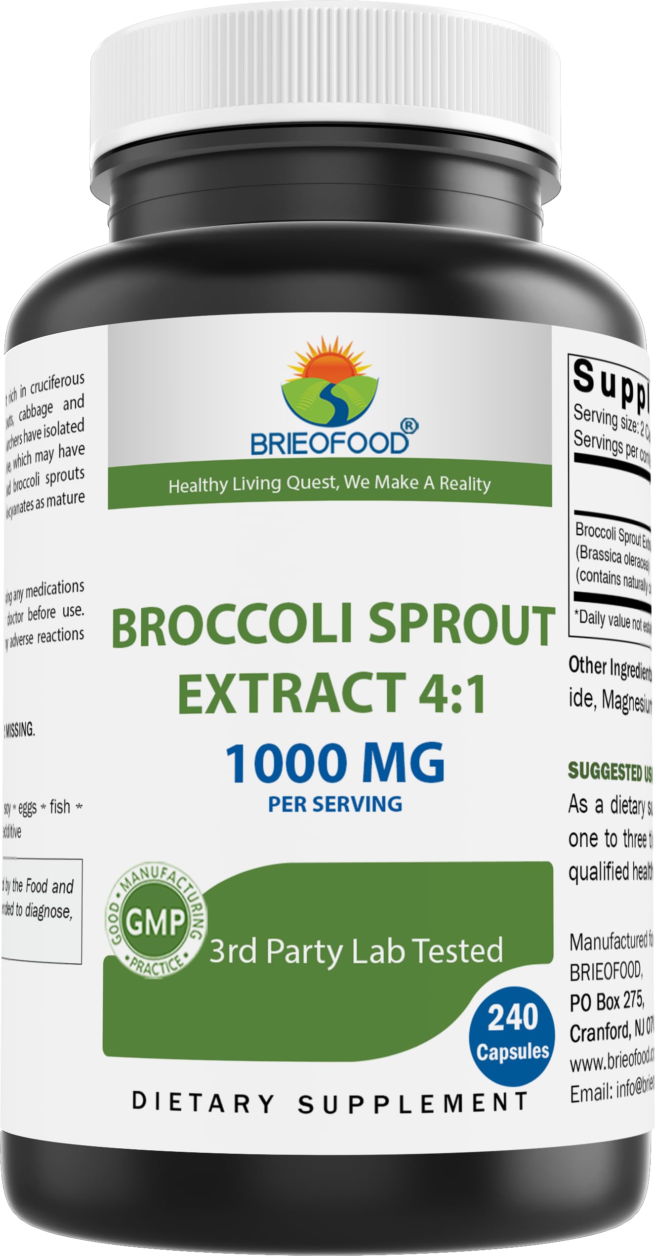 Brieofood Broccoli Sprout Extract 4:1 1000 mg Per Serving 240 Capsules