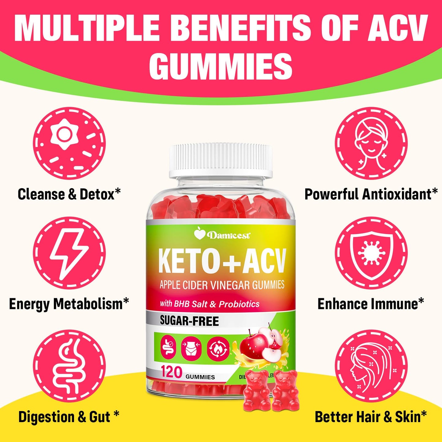Damicest Apple Cider Vinegar Gummies with the Mother Keto ACV 120 Count