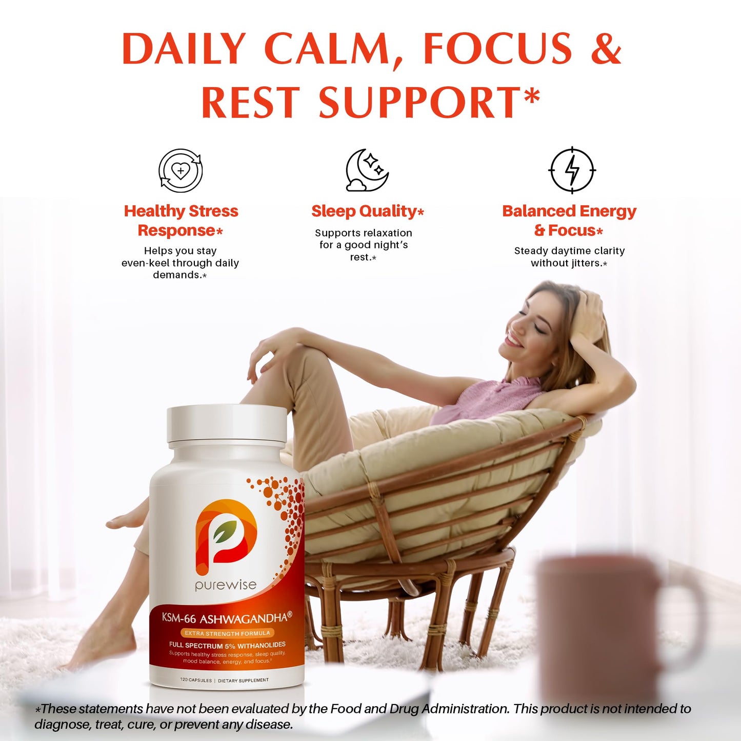 PureWise KSM-66 Ashwagandha 600mg Extra Strength Formula - Stress Relief Supplement for Sleep Support & Mood Support - Organic Full Spectrum 5% Withanolides Capsules, 120 Capsules