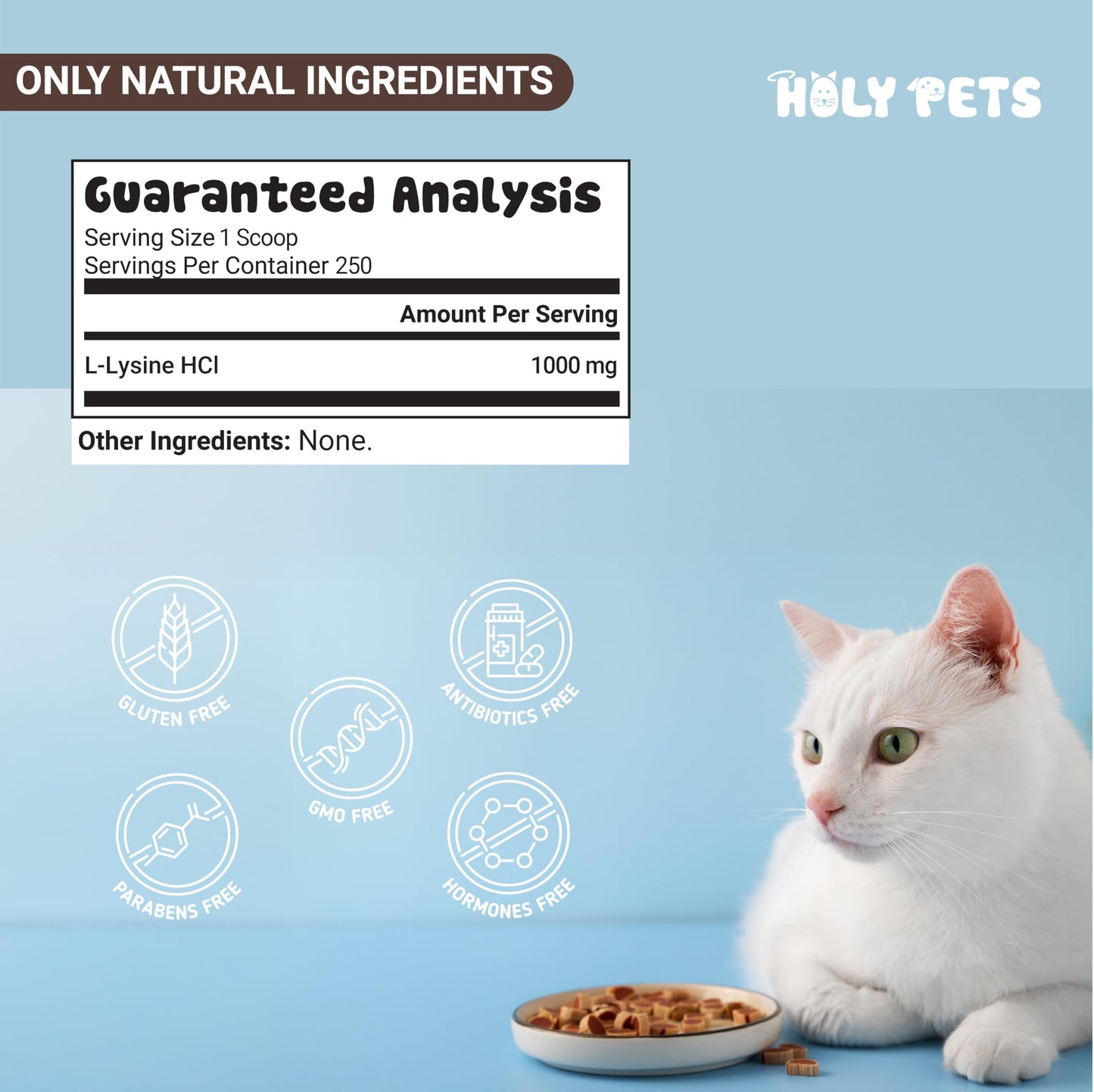Holy Pets 100% Pure L-Lysine Powder for Cats, 250 Scoops (1000 mg per Scoop)