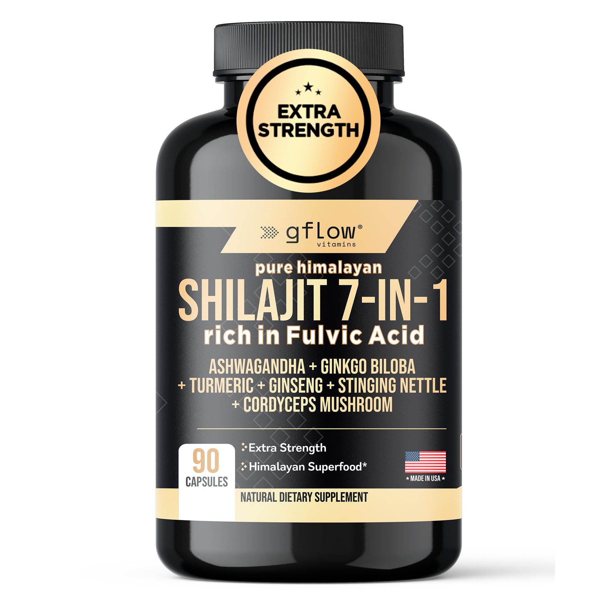 GFlow Vitamins Shilajit with Ashwagandha Rich in Fulvic Acid with Turmeric, Ginseng, Ginkgo Biloba, Stinging Nettle Cordyceps Mushroom Capsules, 90 Count