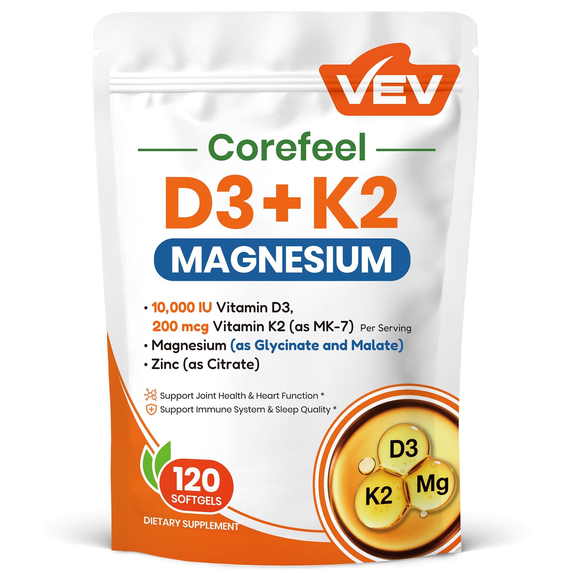 VEV Corefeel Vitamin D3 K2 Magnesium Supplement Softgels 120 Count