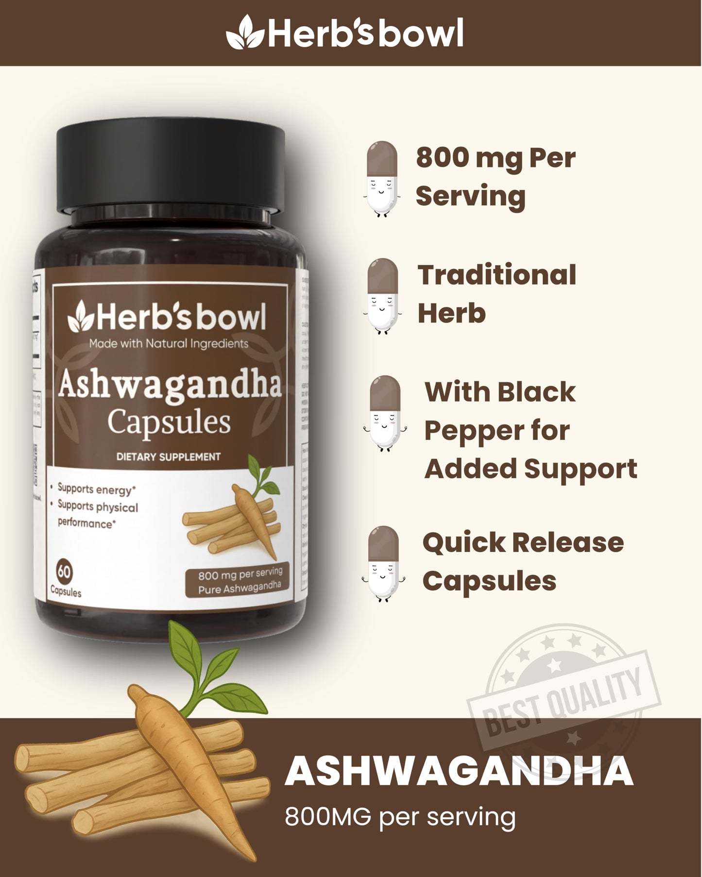 Herb'sbowl Ashwagandha Capsules, 60 Veggie Capsules