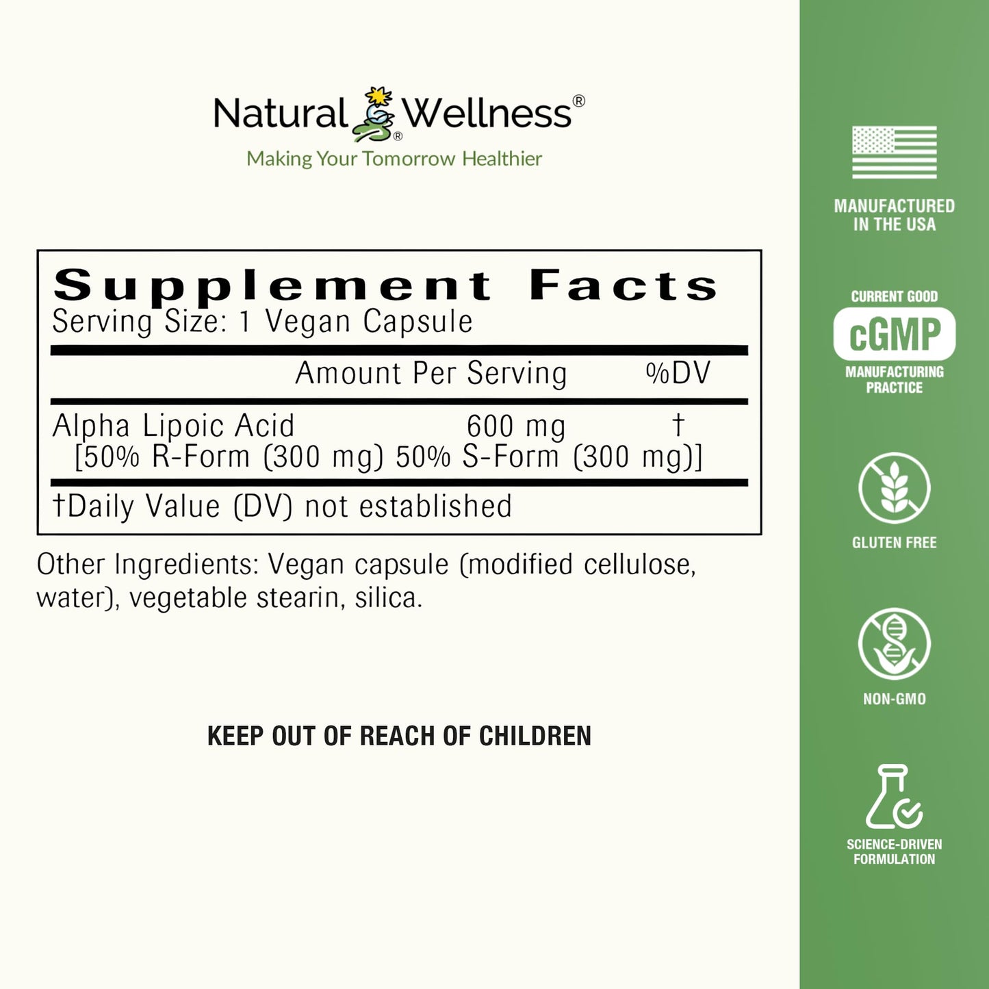 Natural Wellness Alpha Lipoic Acid (ALA) 600 mg 60 Capsules