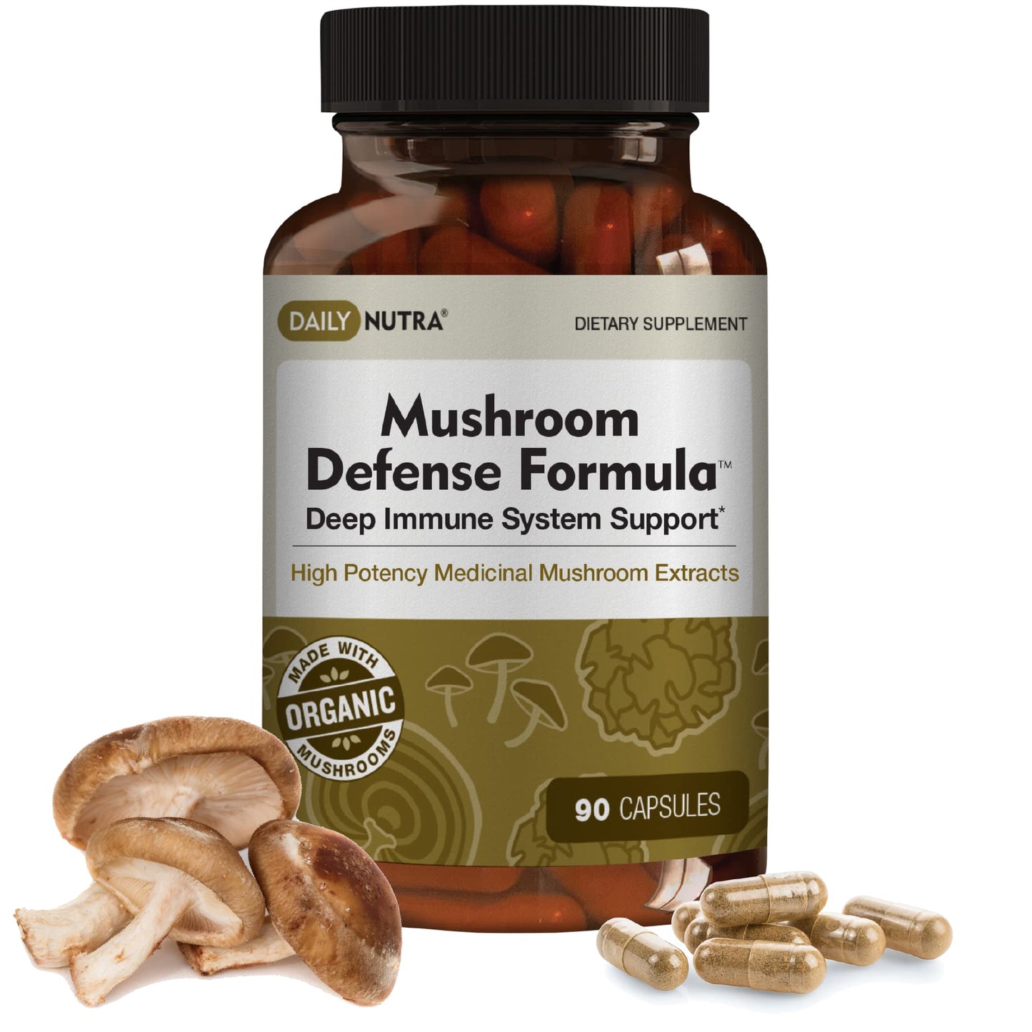 DailyNutra Mushroom Defense Formula Immune Support Supplement with Organic Mushrooms, Hot Water Extracted - Reishi, Chaga, Maitake, Shiitake & Turkey Tail 90 Capsules