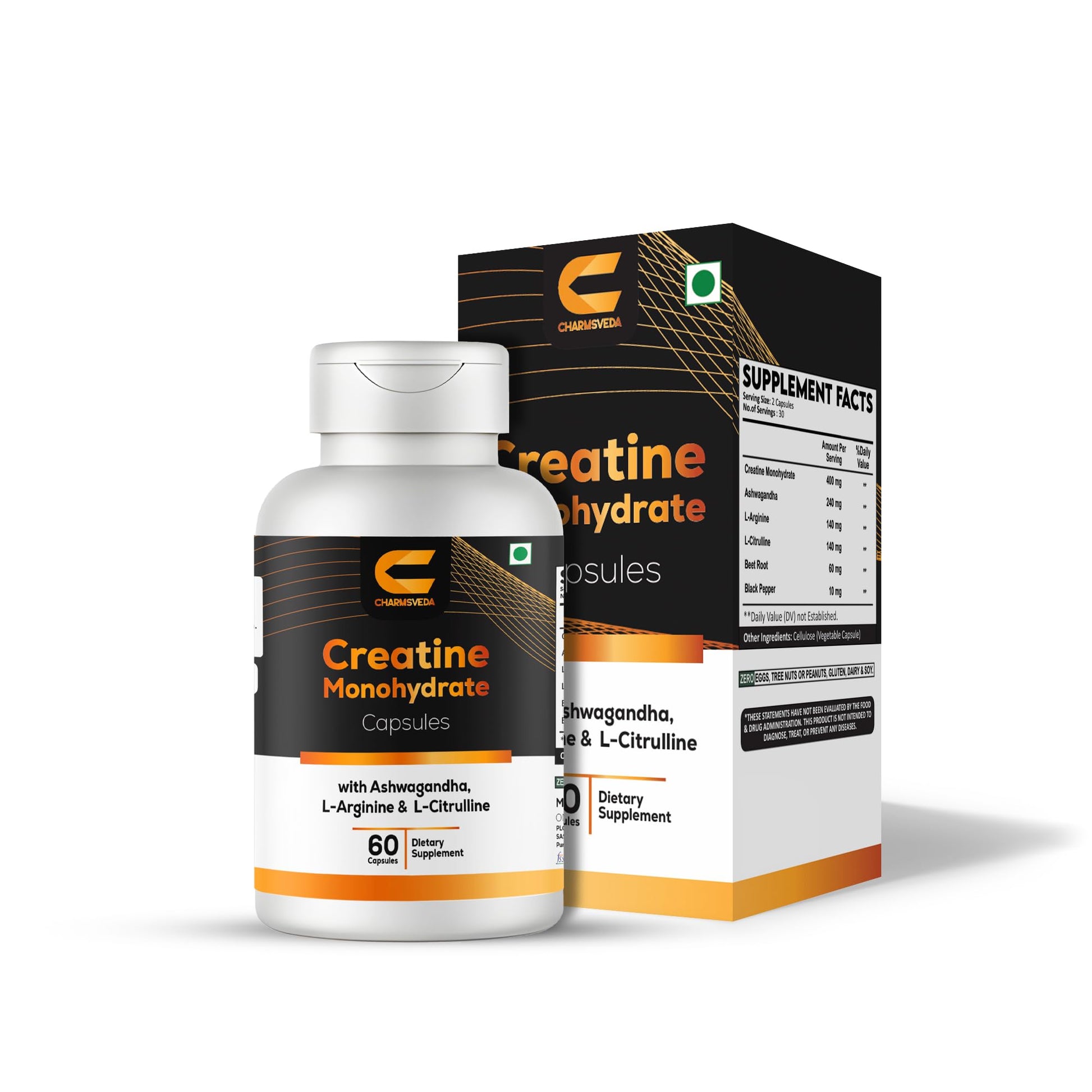 CHARMSVEDA Creatine Monohydrate with Ashwagandha, L-Arginine & L-Citrulline, 60 Capsules