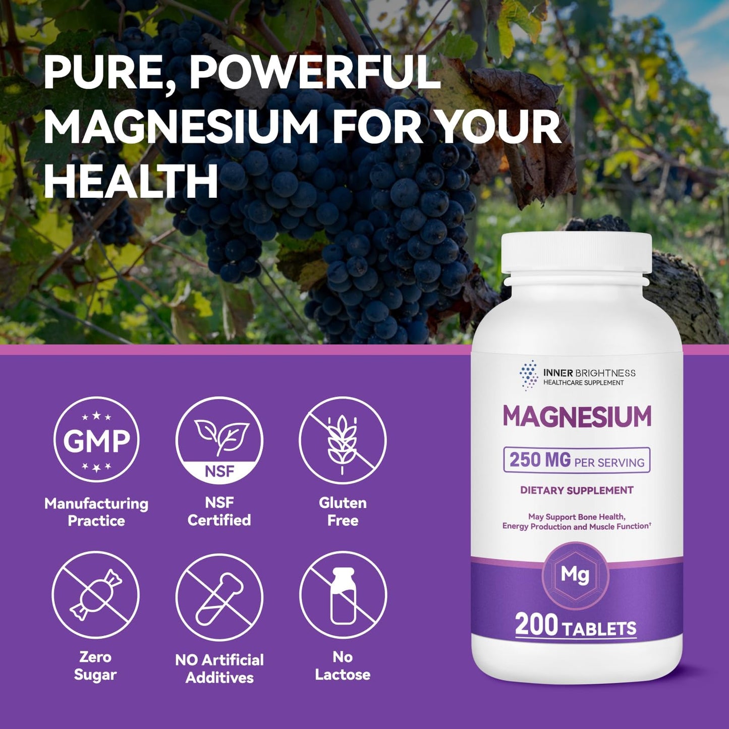 Inner Brightness Pure Magnesium 250mg Supplement with Calcium – High Absorption Magnesium Capsules for Bone Strength, Muscle Function, Relaxation & Sleep Support – 200 Capsules, Vegan, Non-GMO