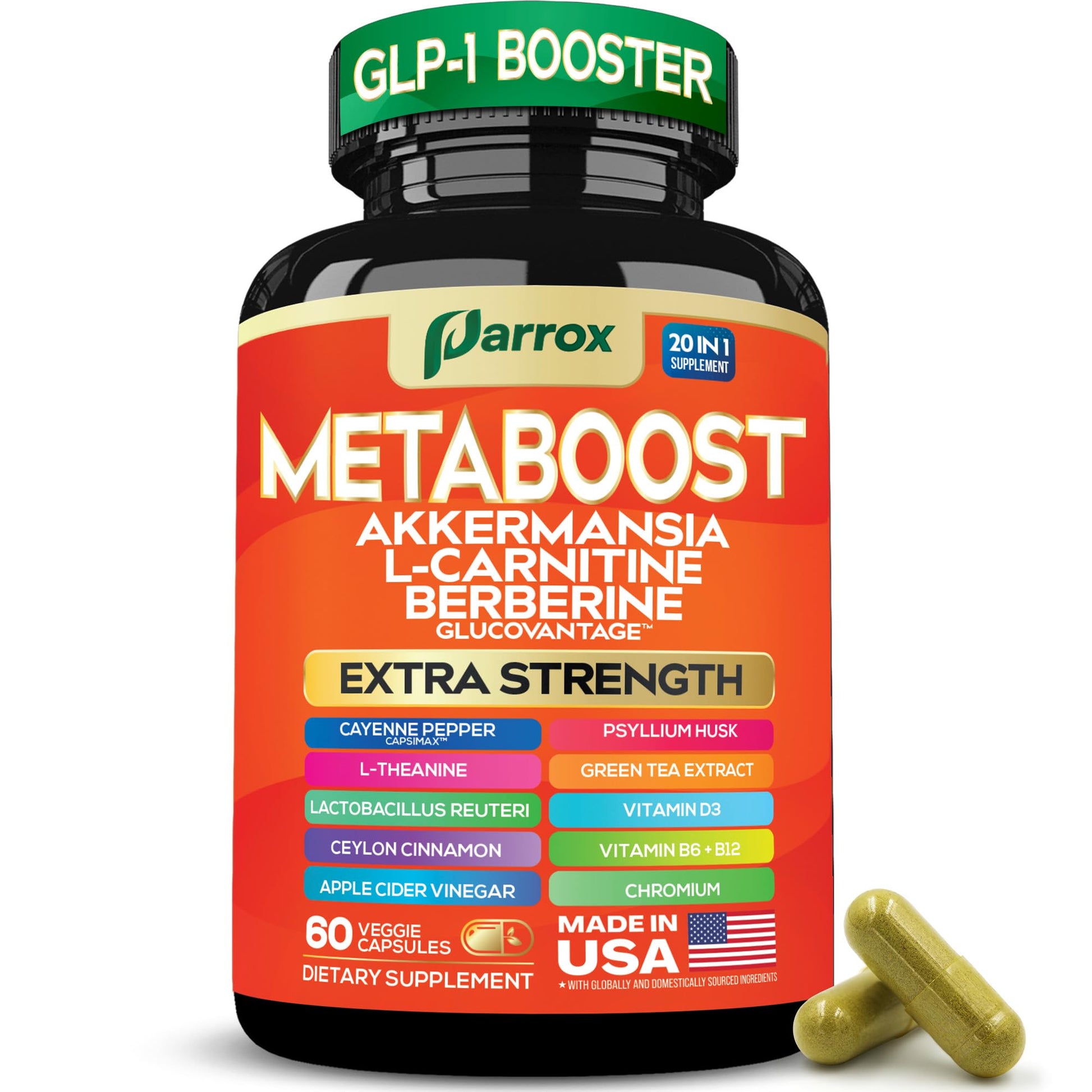 Parrox GLP-1 Booster Supplement, 20-in-1 Plant-Based Capsule, 60 Count
