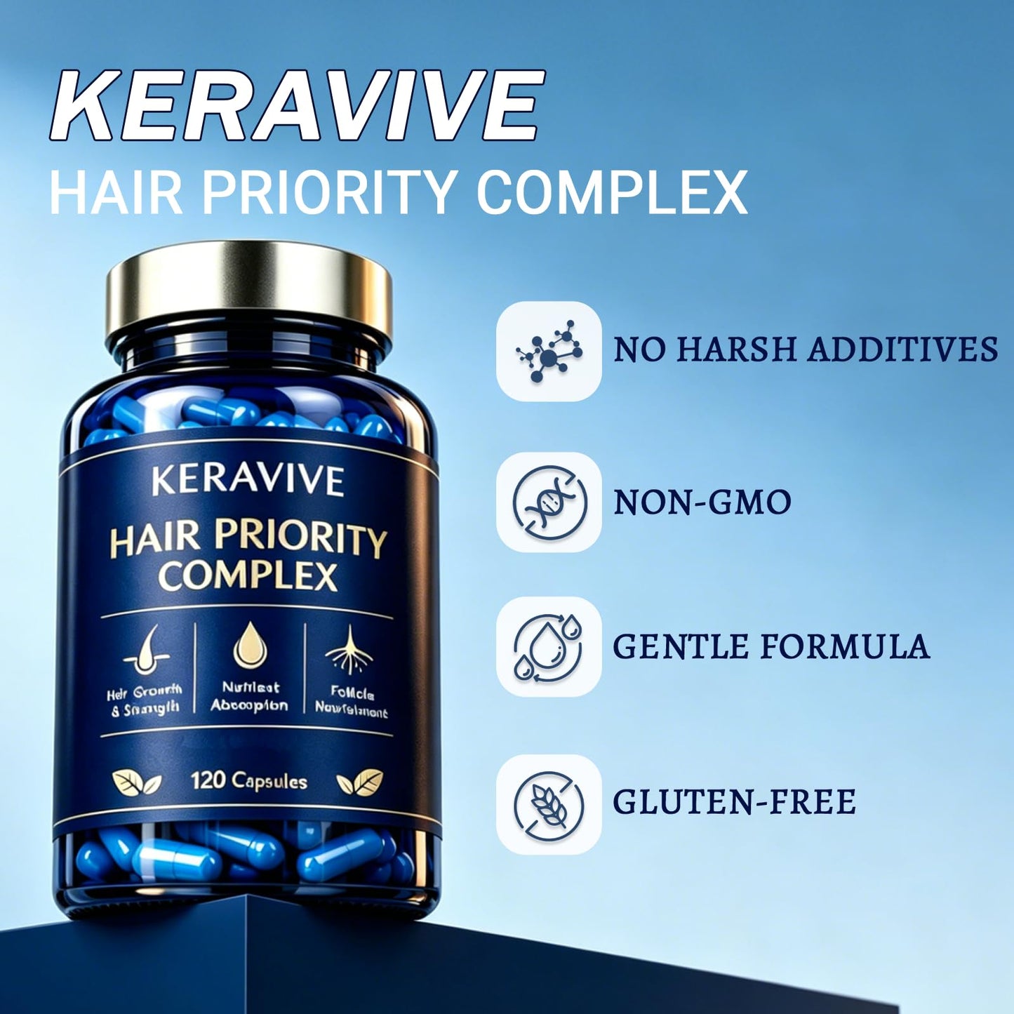 Enerra Keravive Hair Priority Complex with Biotin Collagen Keratin, Hair Growth Vitamins for Men and Women - Biotin, Vitamin C & Zinc, SupportHair Growth Capsule, 1 Count
