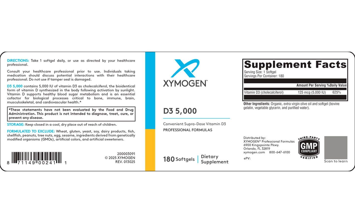 XYMOGEN Vitamin D3 5000 IU Softgels, 180 Count