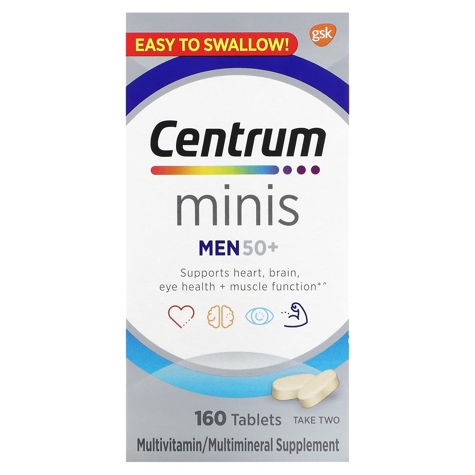 Centrum Minis Silver Multivitamin for Men 50 Plus Multimineral Supplement Vitamin D3 B and Zinc Non-GMO Tablets, 160 Count