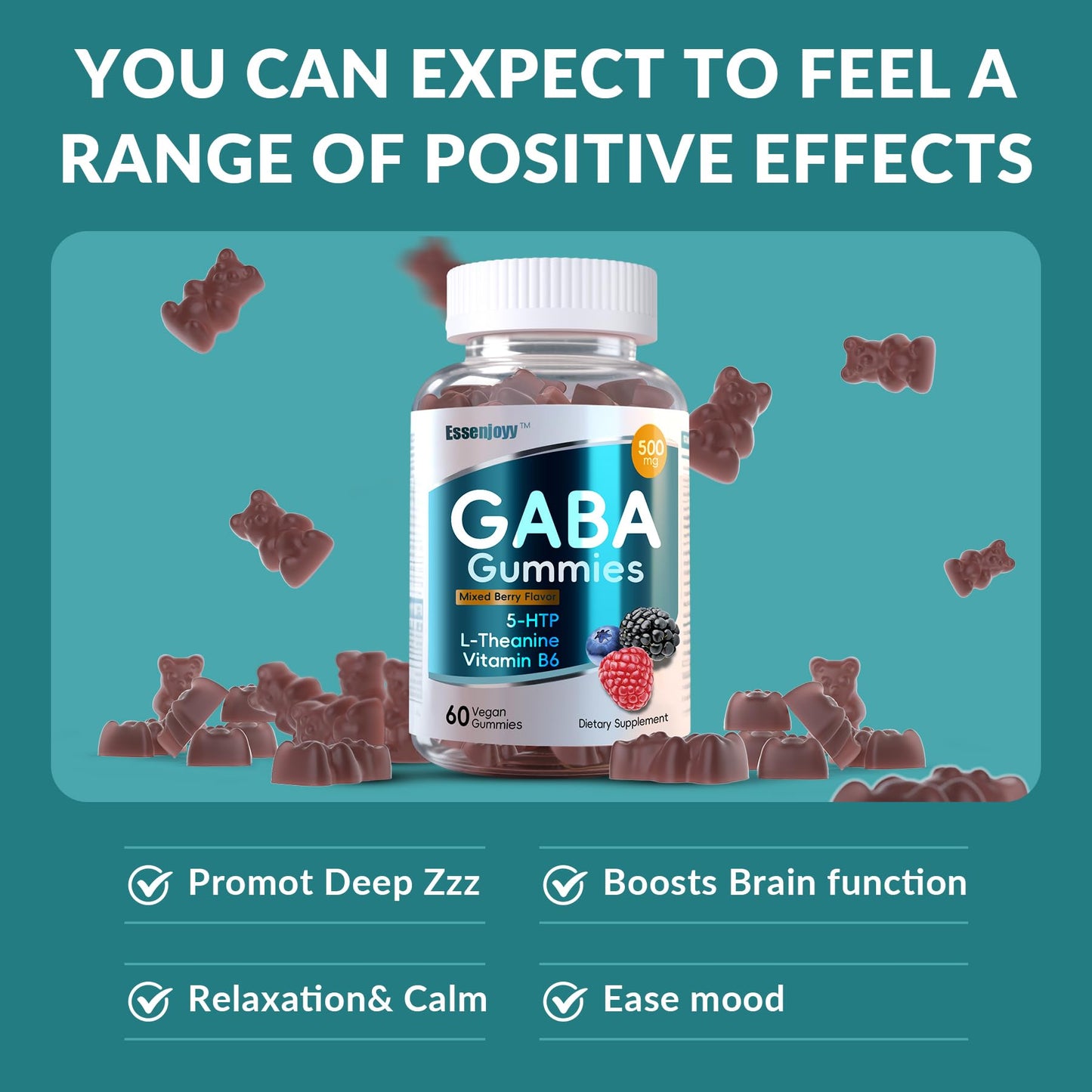 ESSENJOYY Liposomal GABA Gummies 500mg with 5-HTP, L-Theanine & Vitamin B6 Sugar Free, 120 Gummies