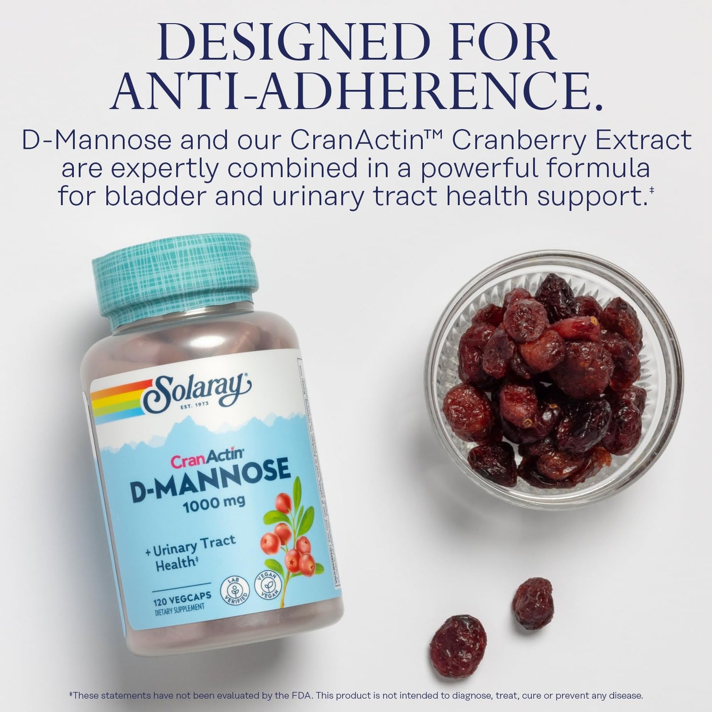 SOLARAY D-Mannose 1000mg with CranActin Cranberry Supplement 400mg Urinary Tract Health & Bladder Support Capsules, 120 VegCaps